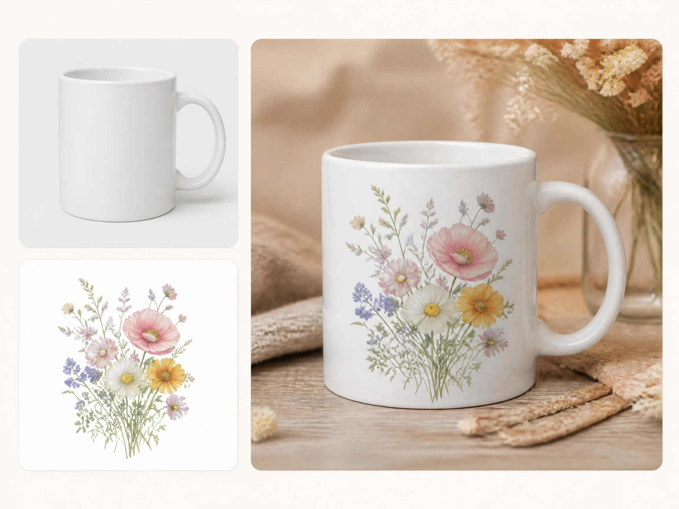 Editorial-style Etsy mockup illustration with two smaller source cards stacked on the left, a blank mug above and a print artwork reference below, and a larger finished printed Etsy-ready mug mockup on the right.