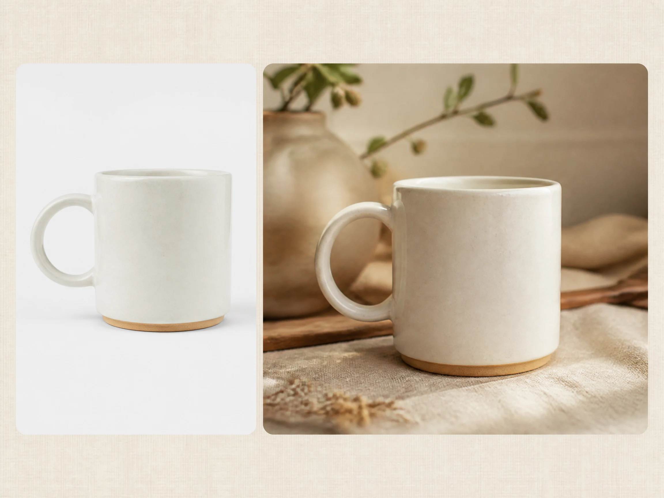 Editorial-style Etsy product image illustration with a smaller ceramic mug source image in the upper left and a larger Etsy-ready listing result on the right.