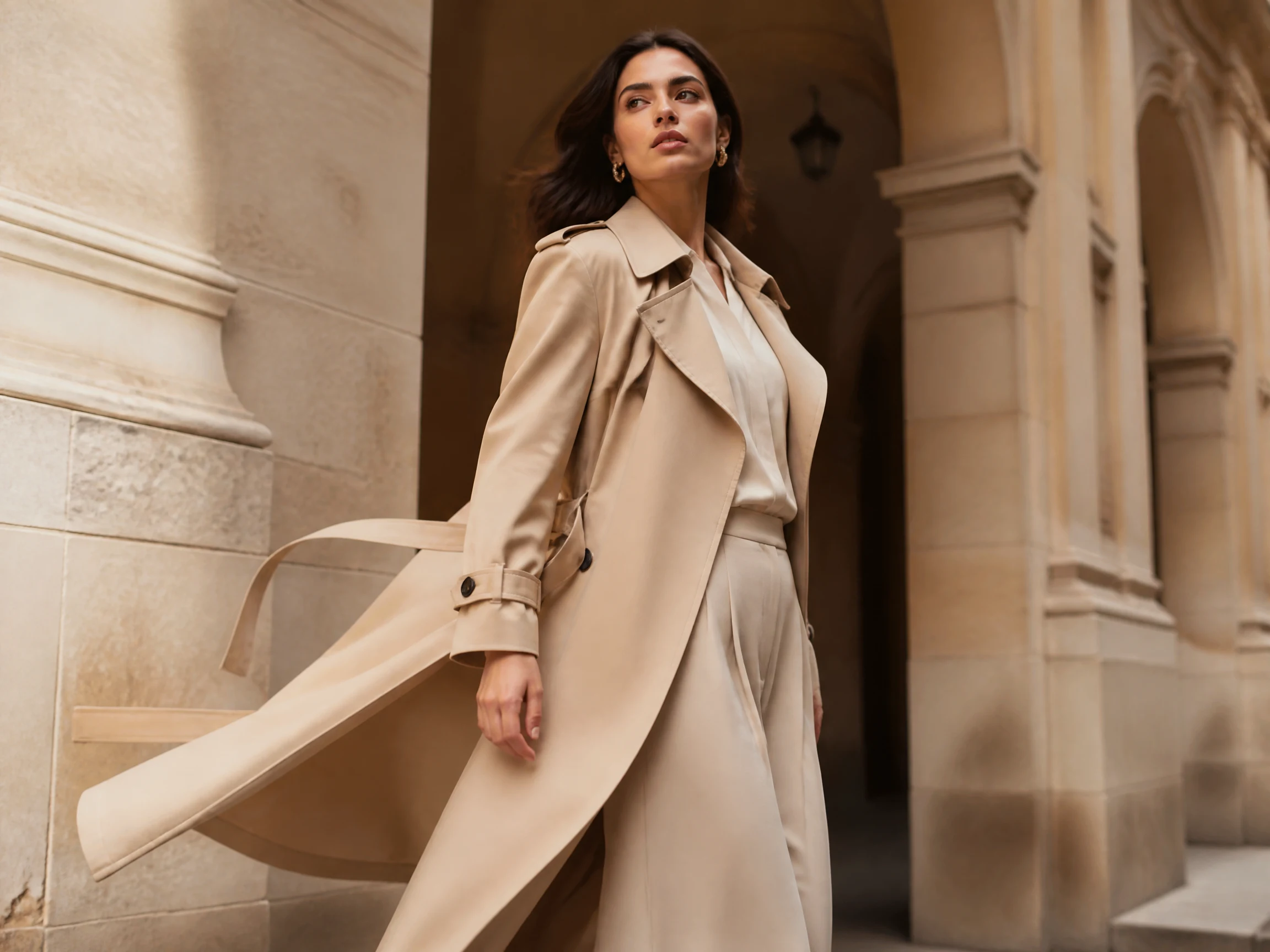 Photorealistic single-image fashion campaign visual featuring a model in a beige trench coat with premium editorial lighting and seasonal launch styling.