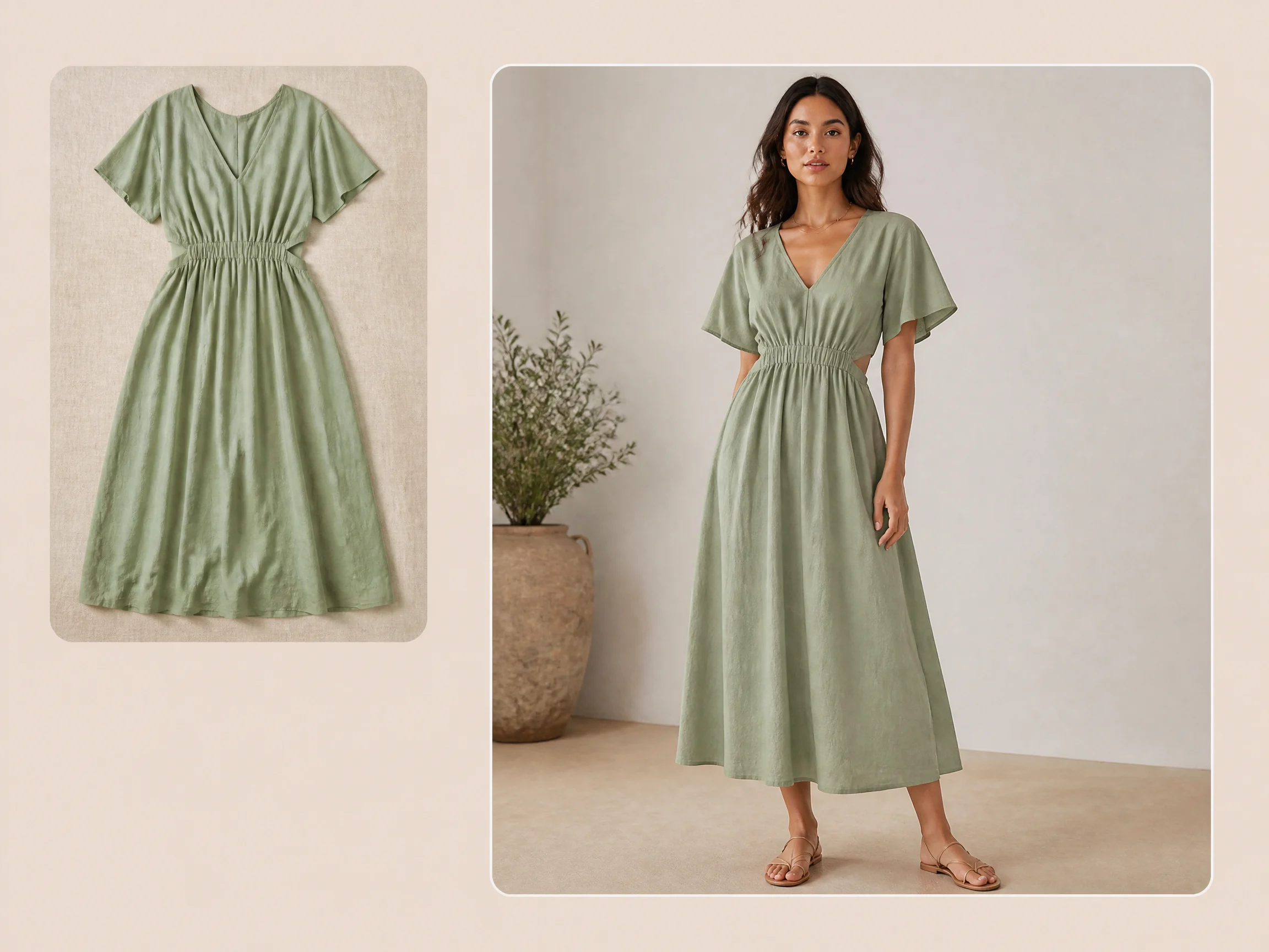 Editorial-style flat lay to model illustration with a smaller dress flat lay source image in the upper left and a larger product-first ecommerce try-on result on the right.