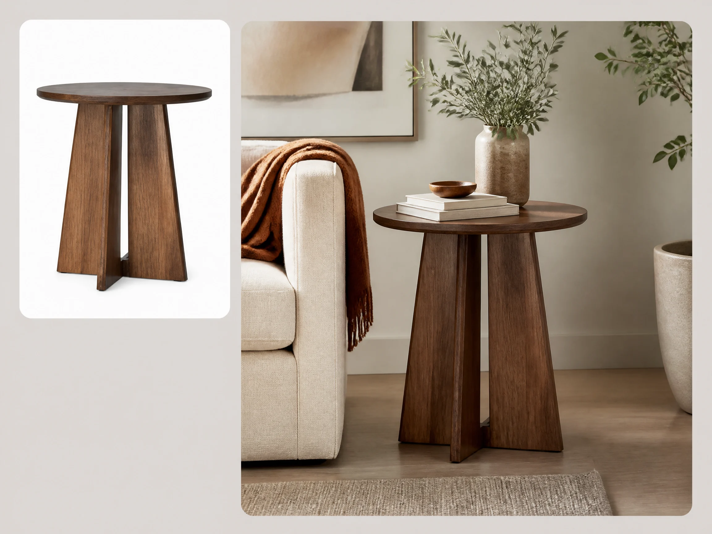 Editorial-style furniture lifestyle photography illustration with a smaller side table source image in the upper left and a larger curated home scene on the right.