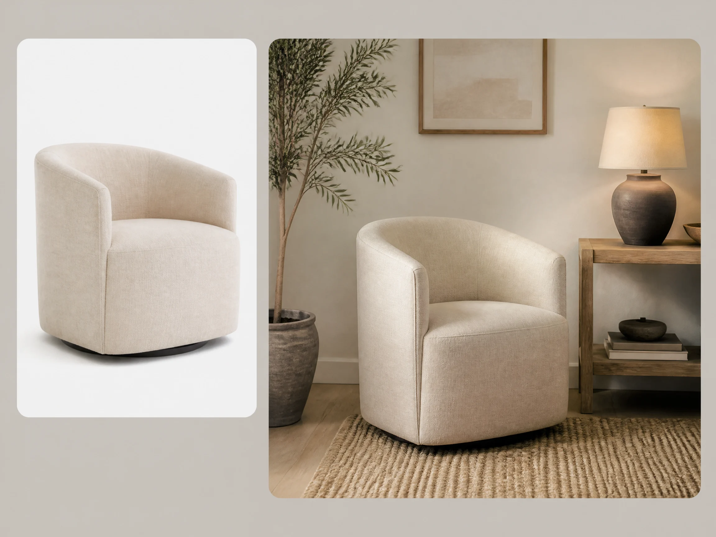 Editorial-style furniture product staging illustration with a smaller accent chair packshot in the upper left and a larger interior staging result on the right.