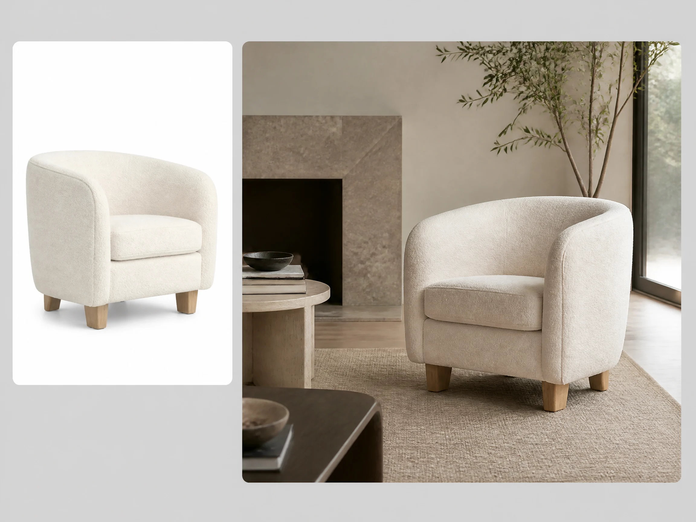 Editorial-style furniture room scene illustration with a smaller armchair source image in the upper left and a larger interior scene on the right.