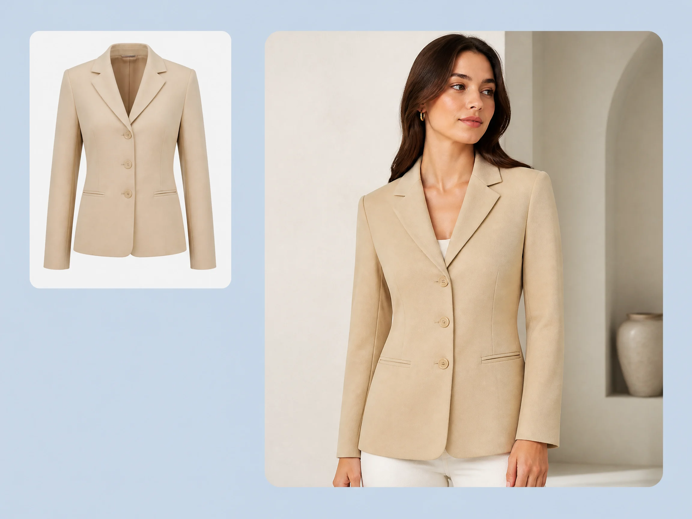 Editorial-style ghost mannequin to model illustration with a smaller blazer source image in the upper left and a larger product-first ecommerce try-on result on the right.