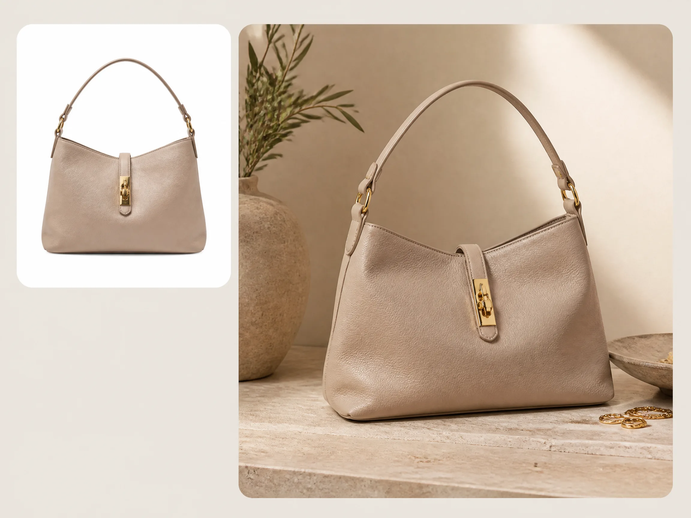 Editorial-style handbag product photography illustration with a smaller leather handbag packshot in the upper left and a larger premium fashion result on the right.