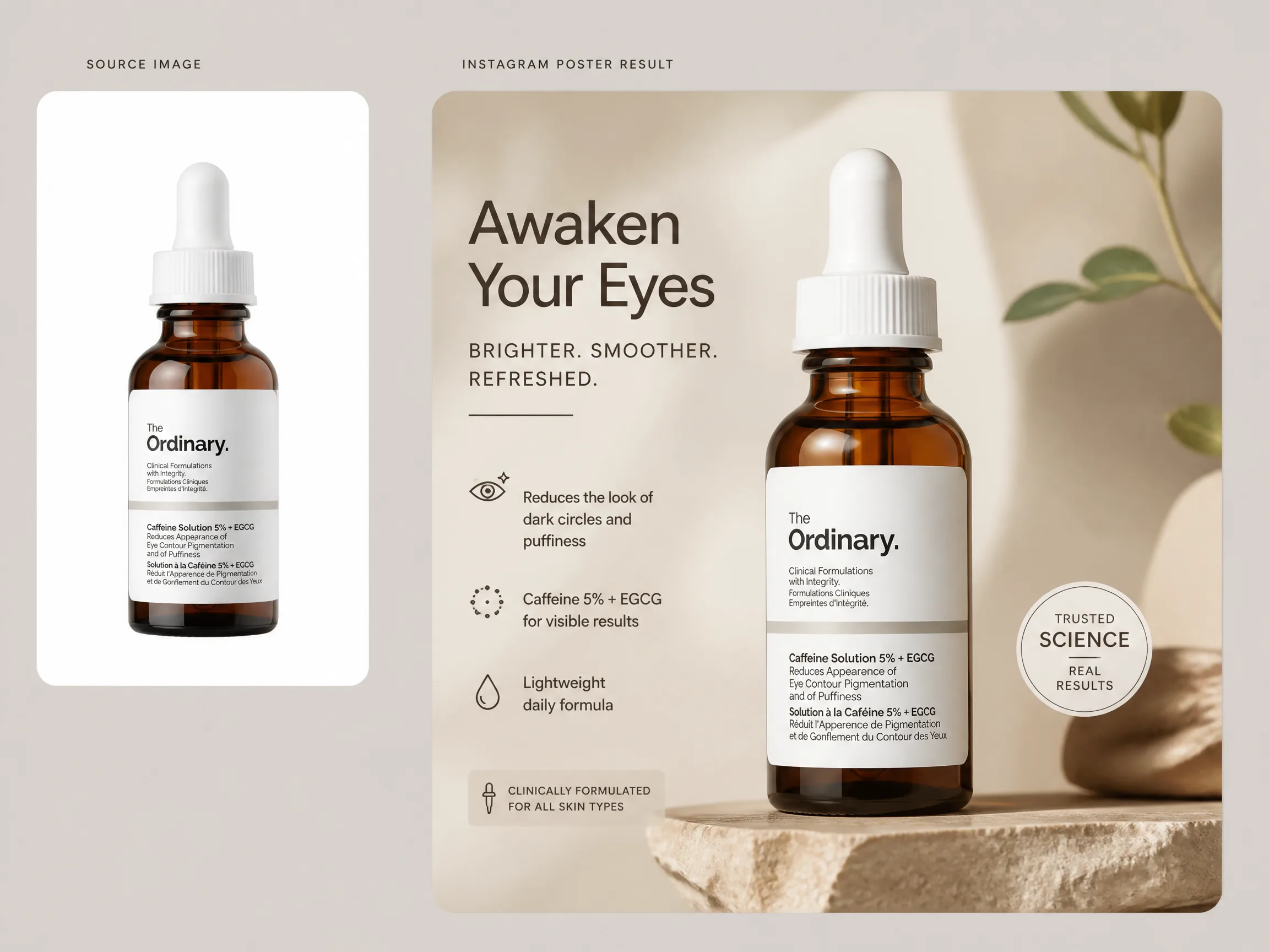 Editorial-style Instagram product poster illustration with a smaller skincare bottle cutout in the upper left and a larger social-poster result on the right.