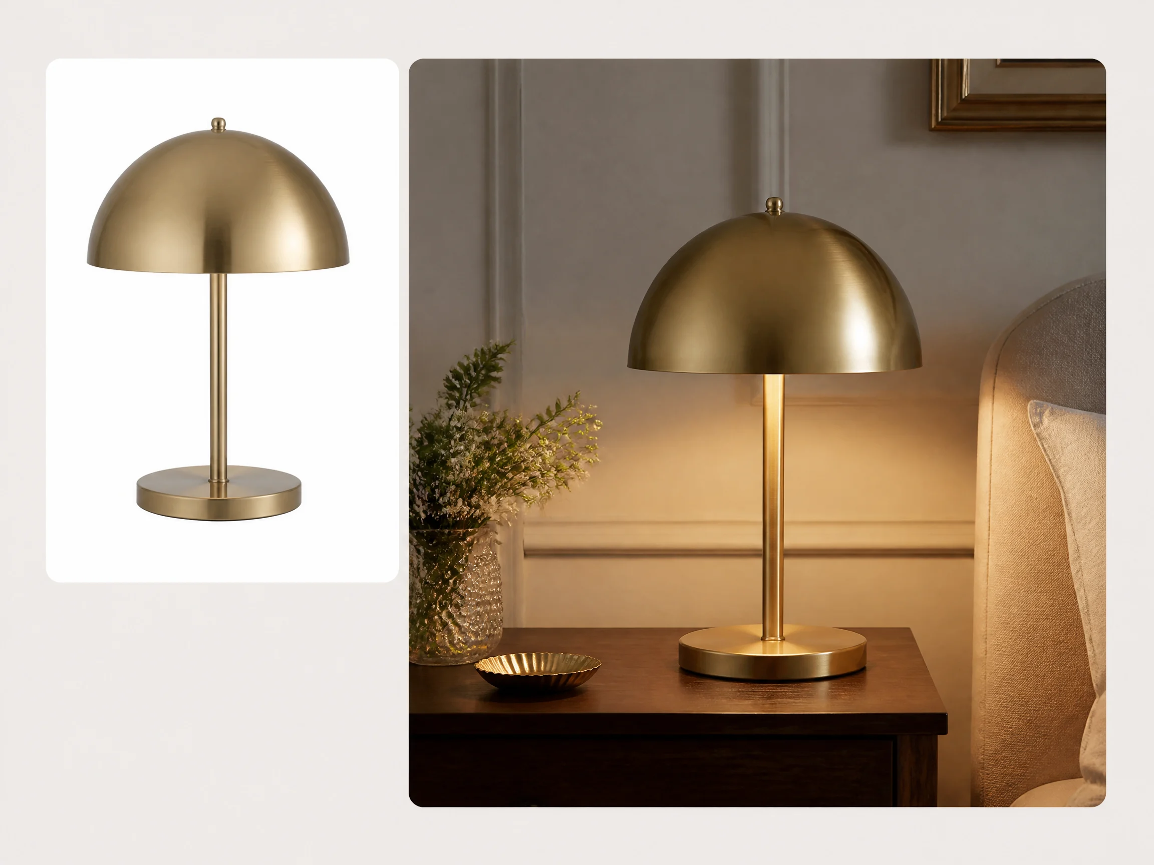 Editorial-style lamp lifestyle photography illustration with a smaller table lamp source image in the upper left and a larger warm interior scene on the right.