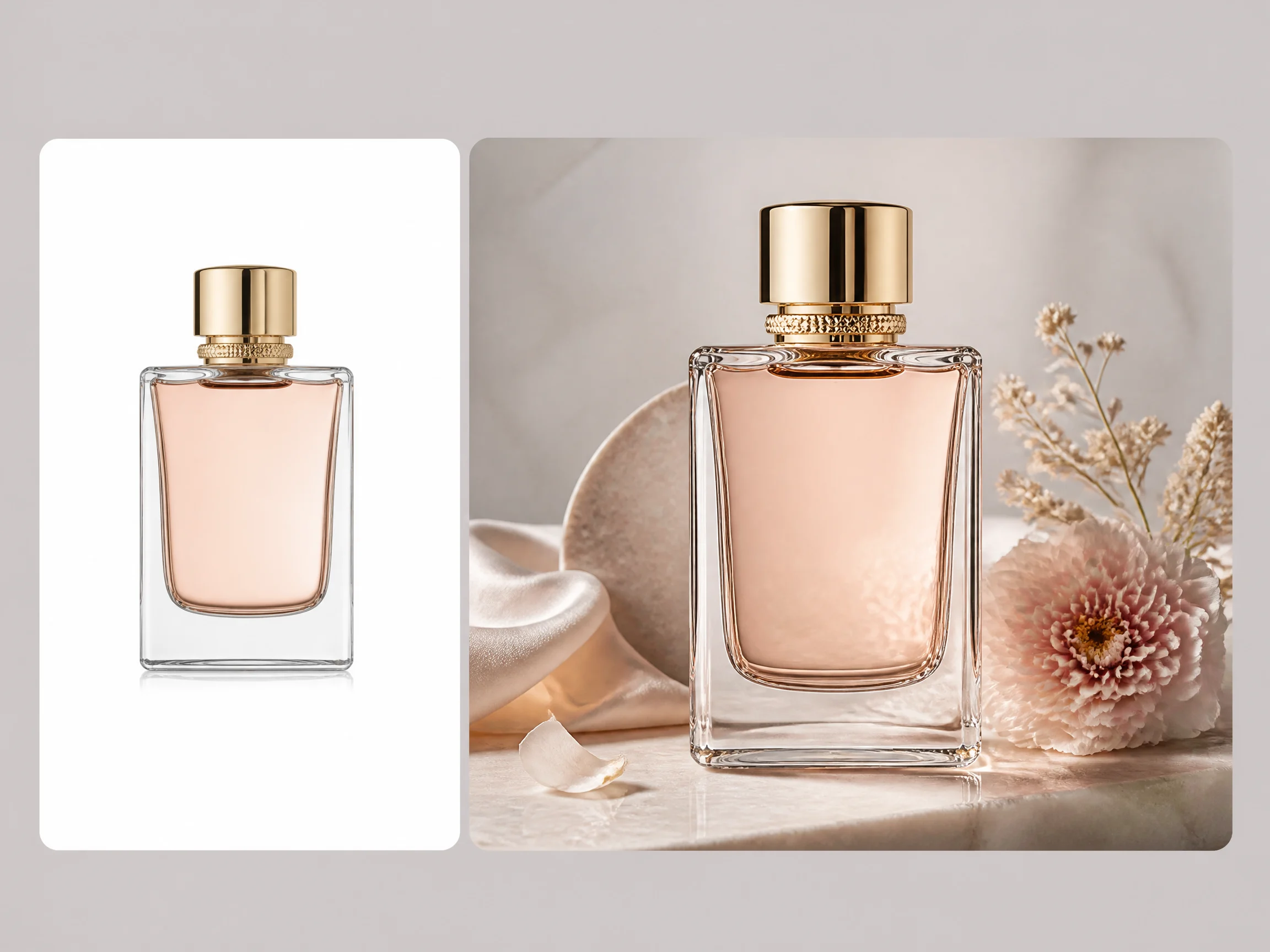Editorial-style perfume bottle photography illustration with a smaller perfume bottle packshot in the upper left and a larger premium fragrance result on the right.