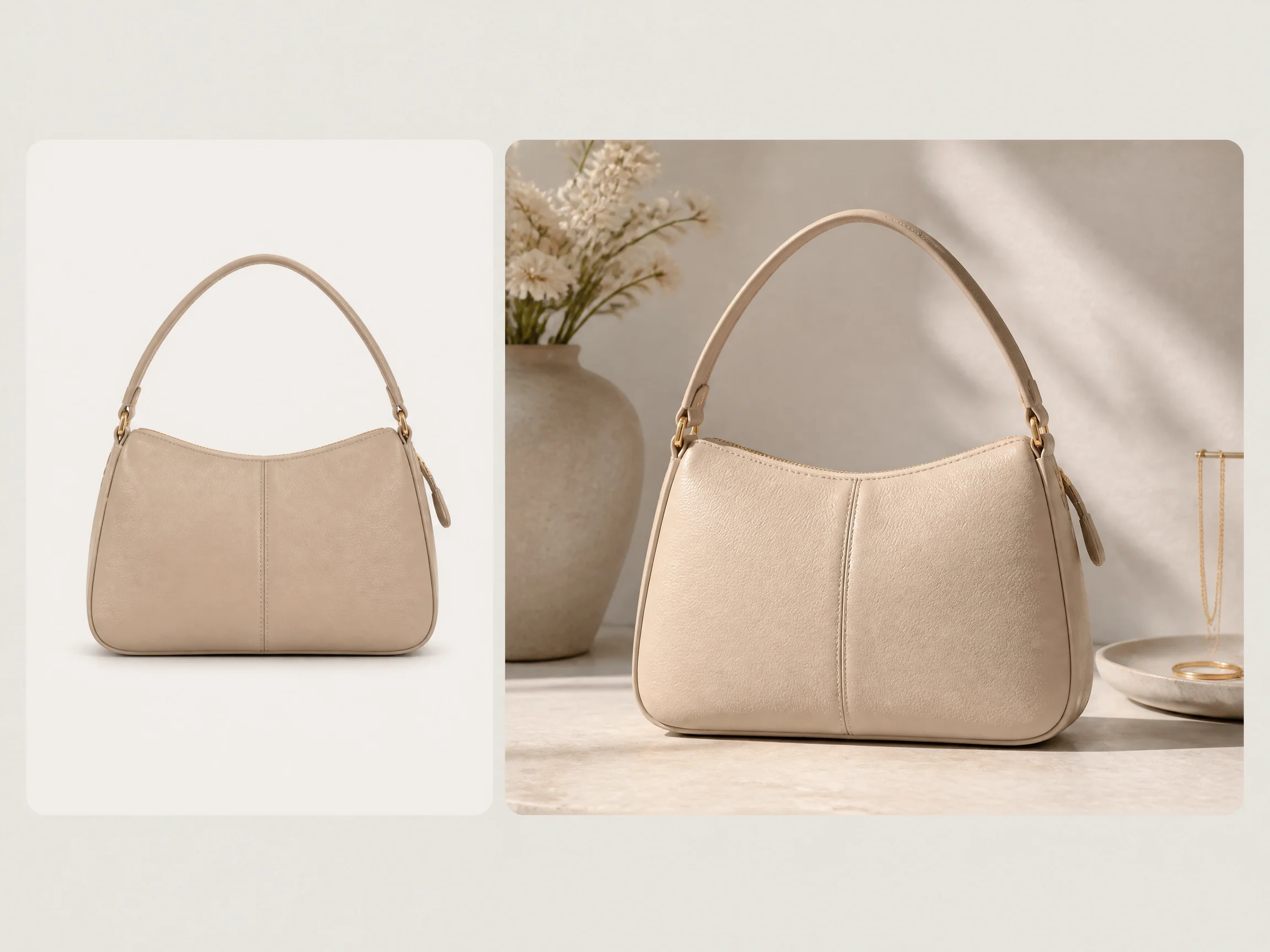 Editorial-style pre-order product image illustration with a smaller early handbag source image in the upper left and a larger launch-ready pre-order result on the right.