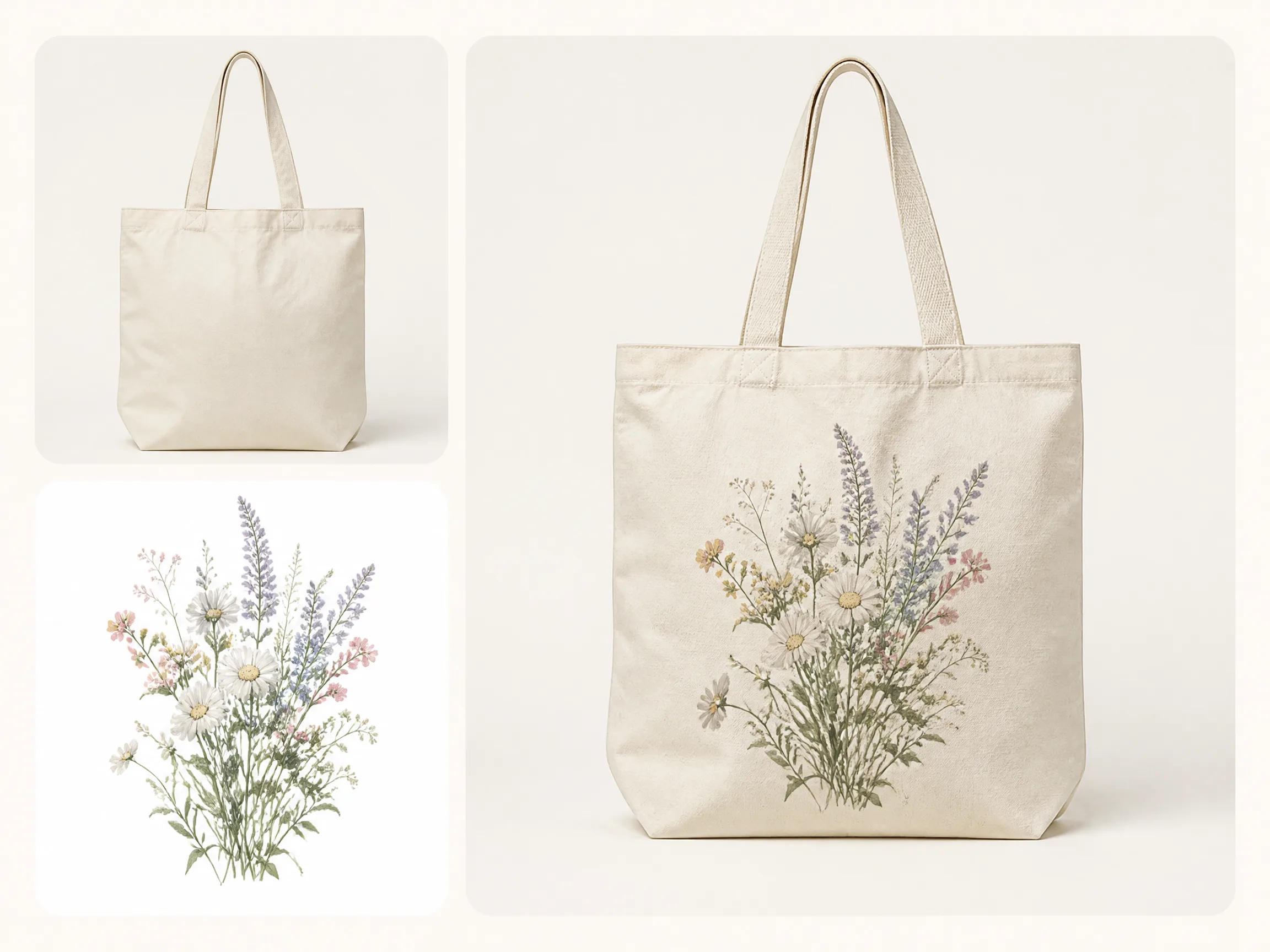 Editorial-style print-on-demand mockup illustration with two smaller source cards stacked on the left, a blank tote bag above and a print artwork reference below, and a larger finished printed tote mockup on the right.