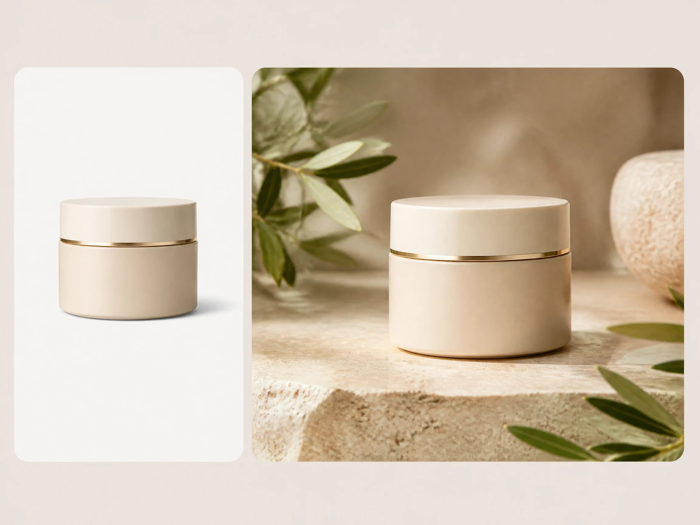 Editorial-style product background generator illustration with a smaller skincare jar source image in the upper left and a larger generated scene on the right.
