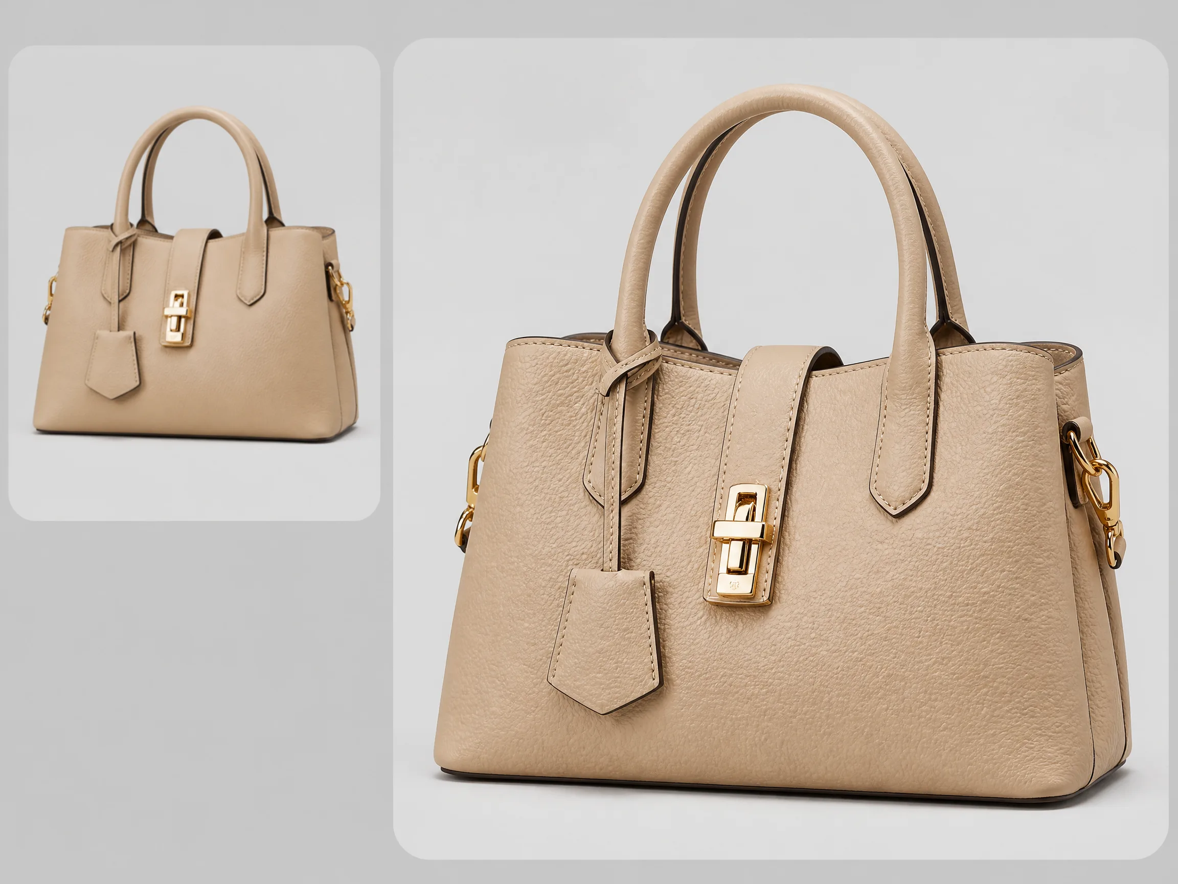 Editorial-style product image upscaler illustration with a smaller low-resolution handbag photo in the upper left and a larger sharper enhanced version on the right.