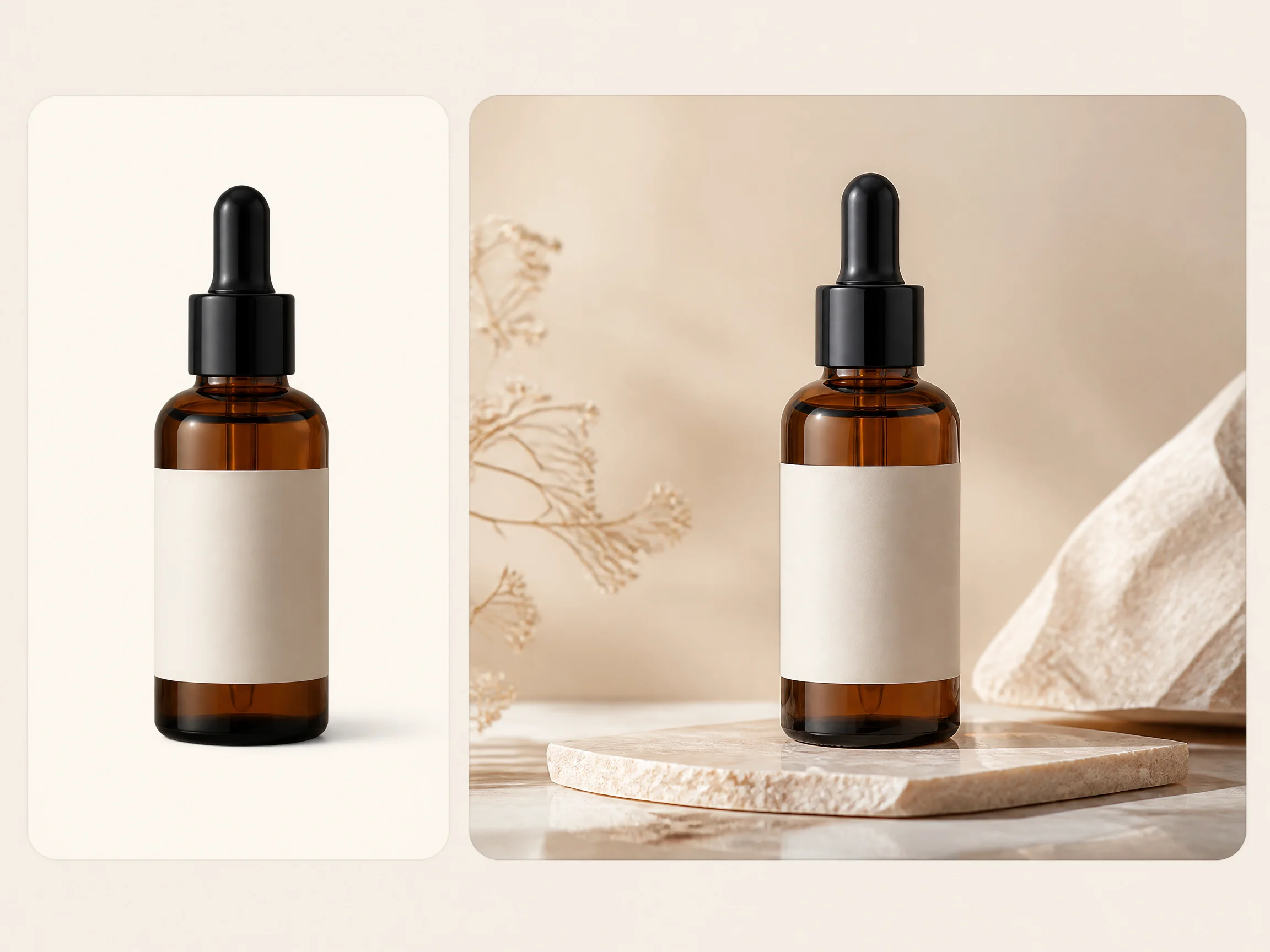 Editorial-style serum bottle mockup illustration with a smaller amber bottle source image in the upper left and a larger polished packaging mockup on the right.