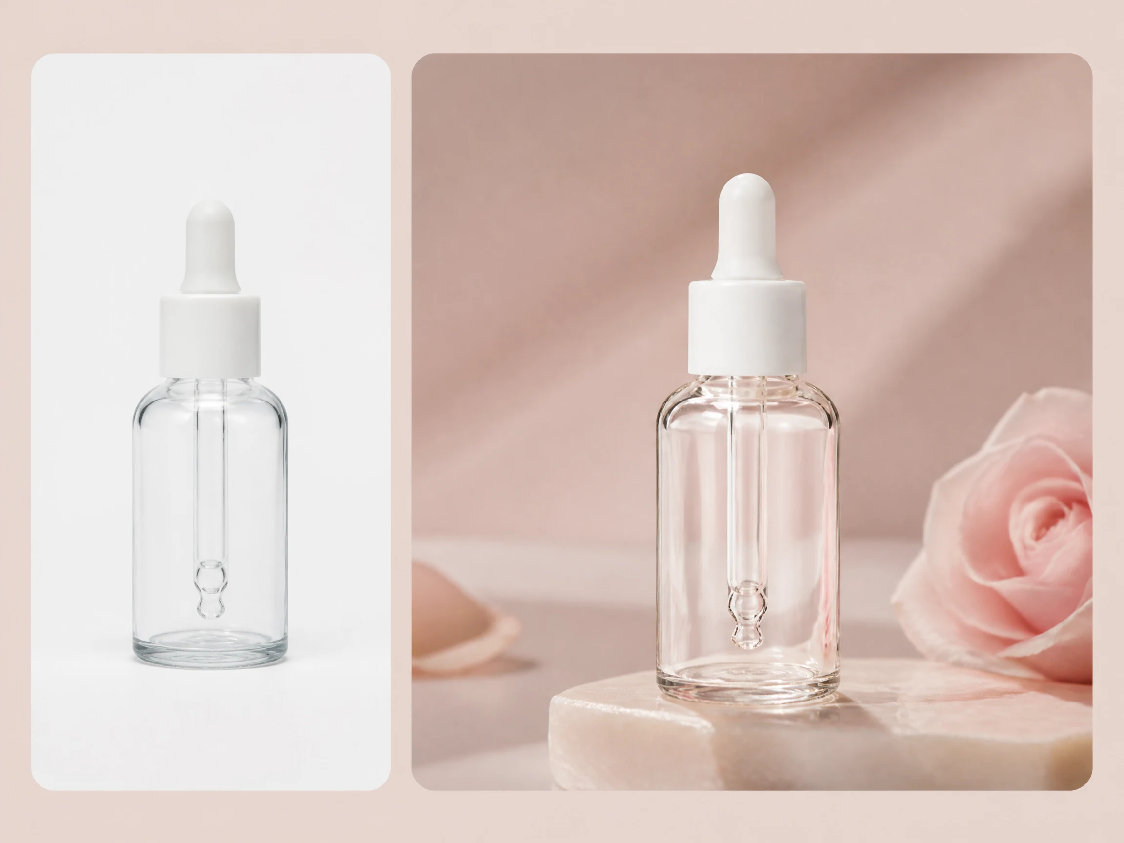 Editorial-style serum dropper bottle photography illustration with a smaller dropper bottle packshot in the upper left and a larger premium beauty result on the right.
