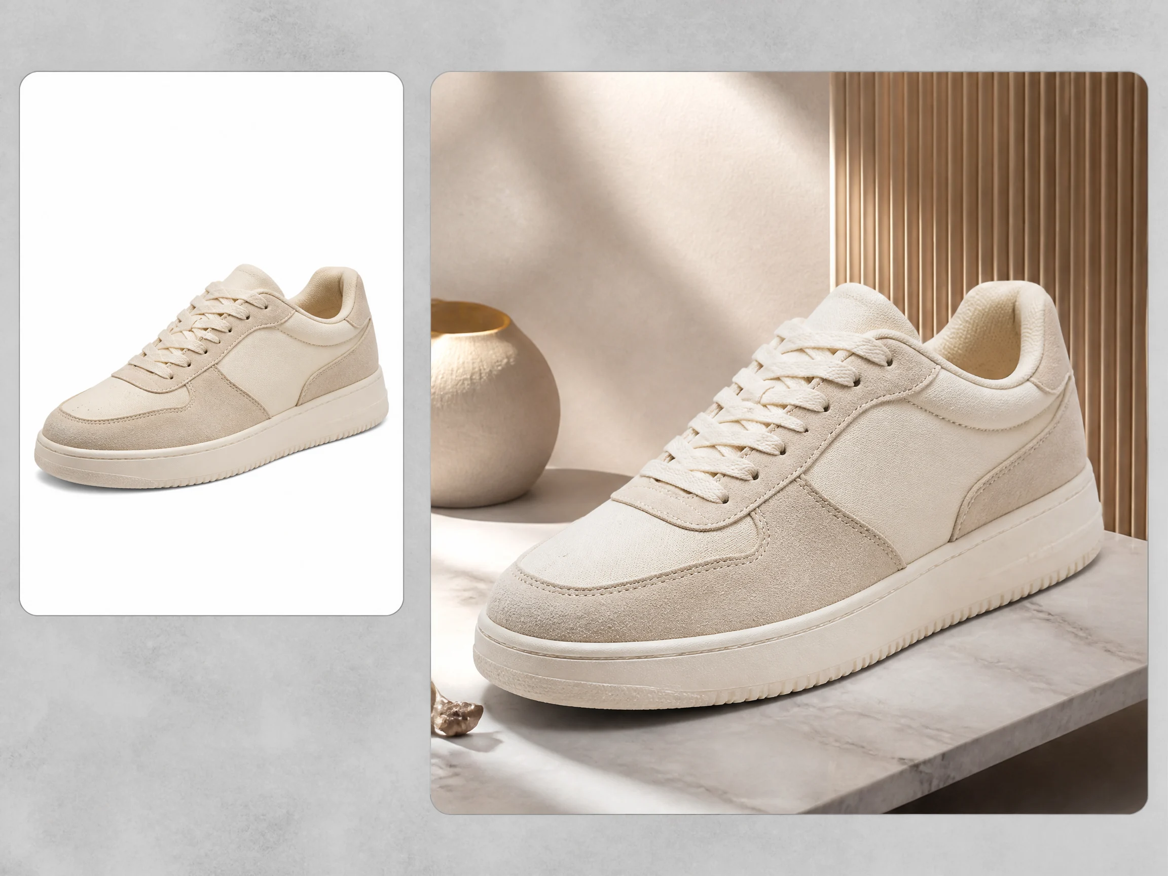 Editorial-style shoe product staging illustration with a smaller sneaker source image in the upper left and a larger premium staged result on the right.