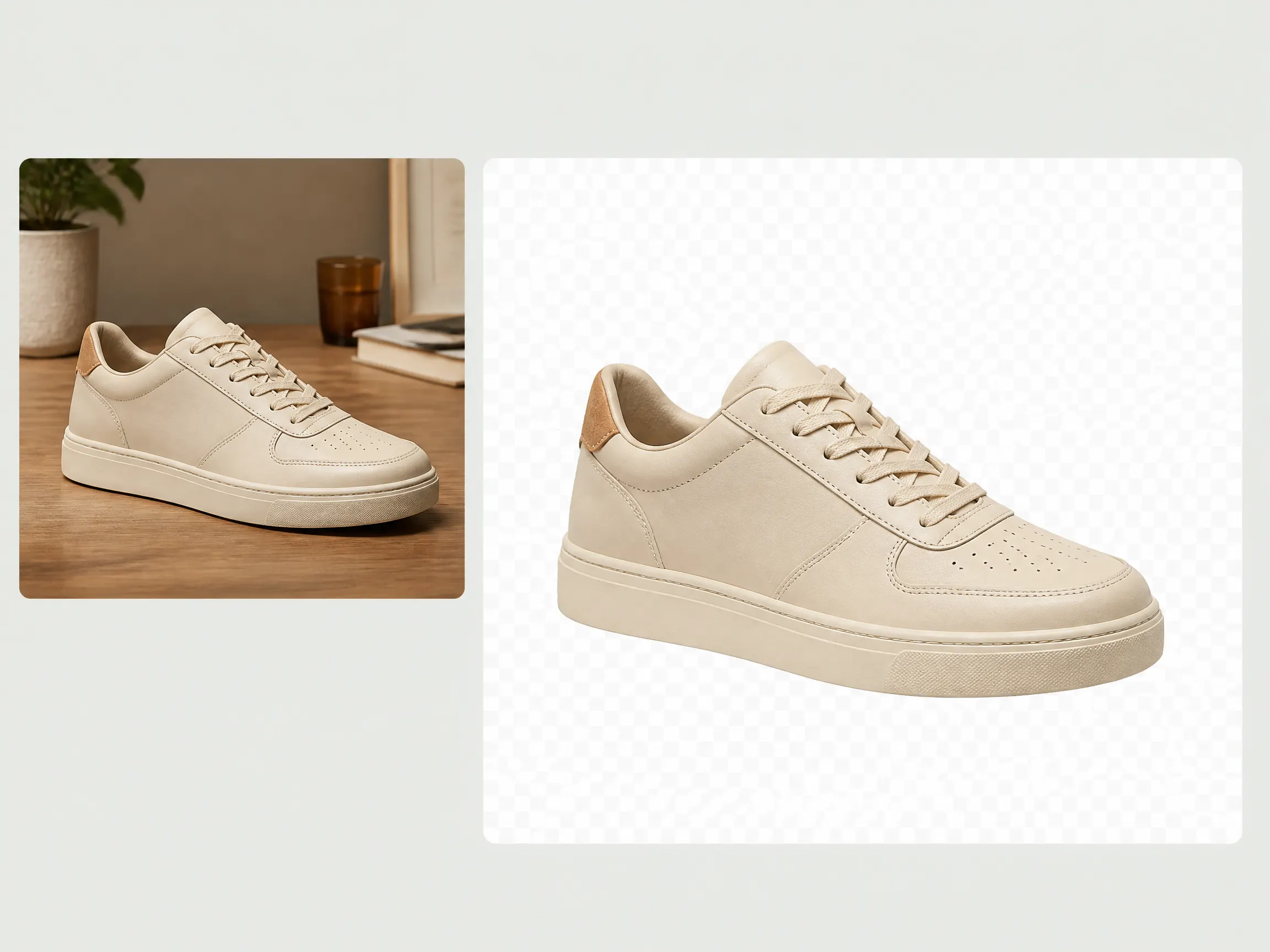 Editorial-style Shopify background removal illustration with a smaller original sneaker photo on the top left and a larger isolated sneaker result without shadow on a gray-and-white checkerboard transparency background on the right.