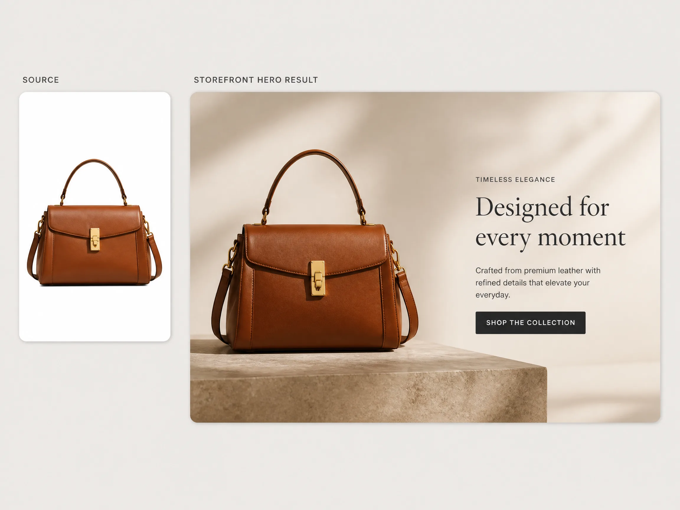 Editorial-style Shopify hero image illustration with a smaller handbag cutout in the upper left and a larger homepage hero result on the right.