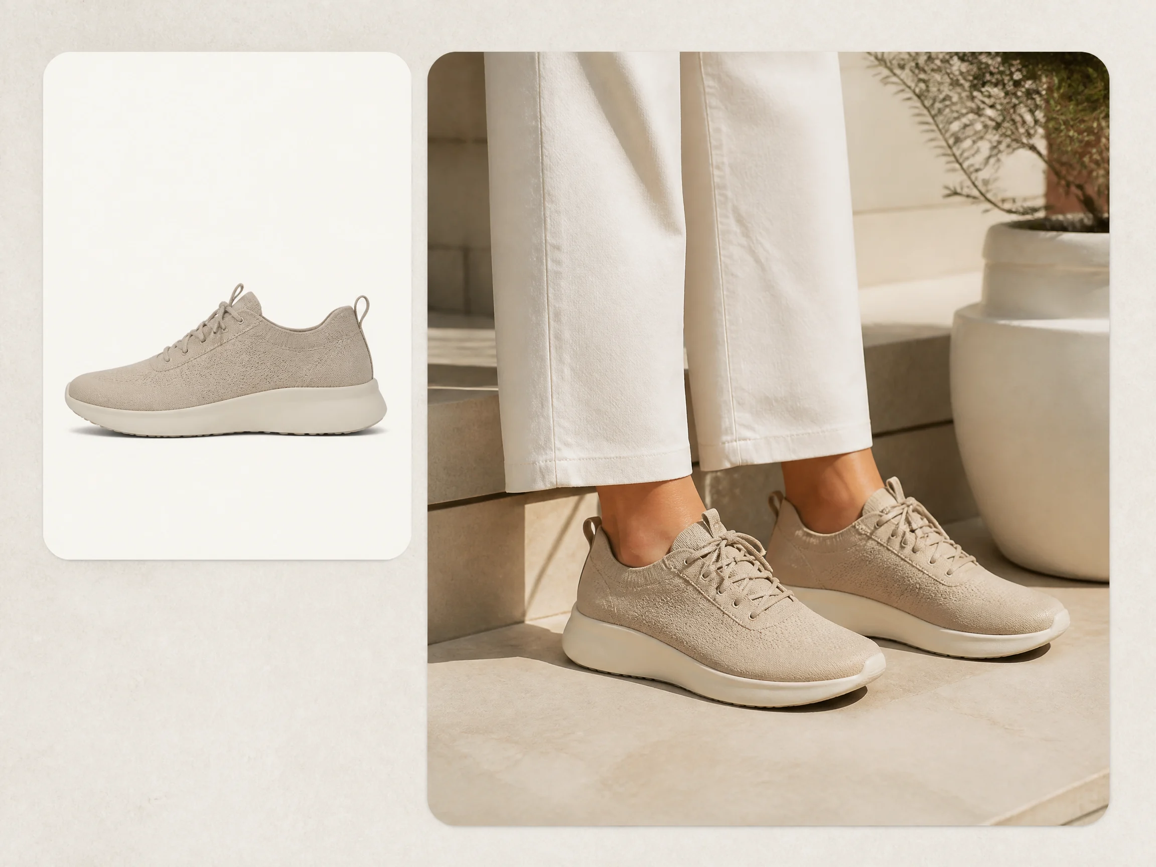Editorial-style Shopify lifestyle image illustration with a smaller sneaker packshot in the upper left and a larger DTC lifestyle result on the right.