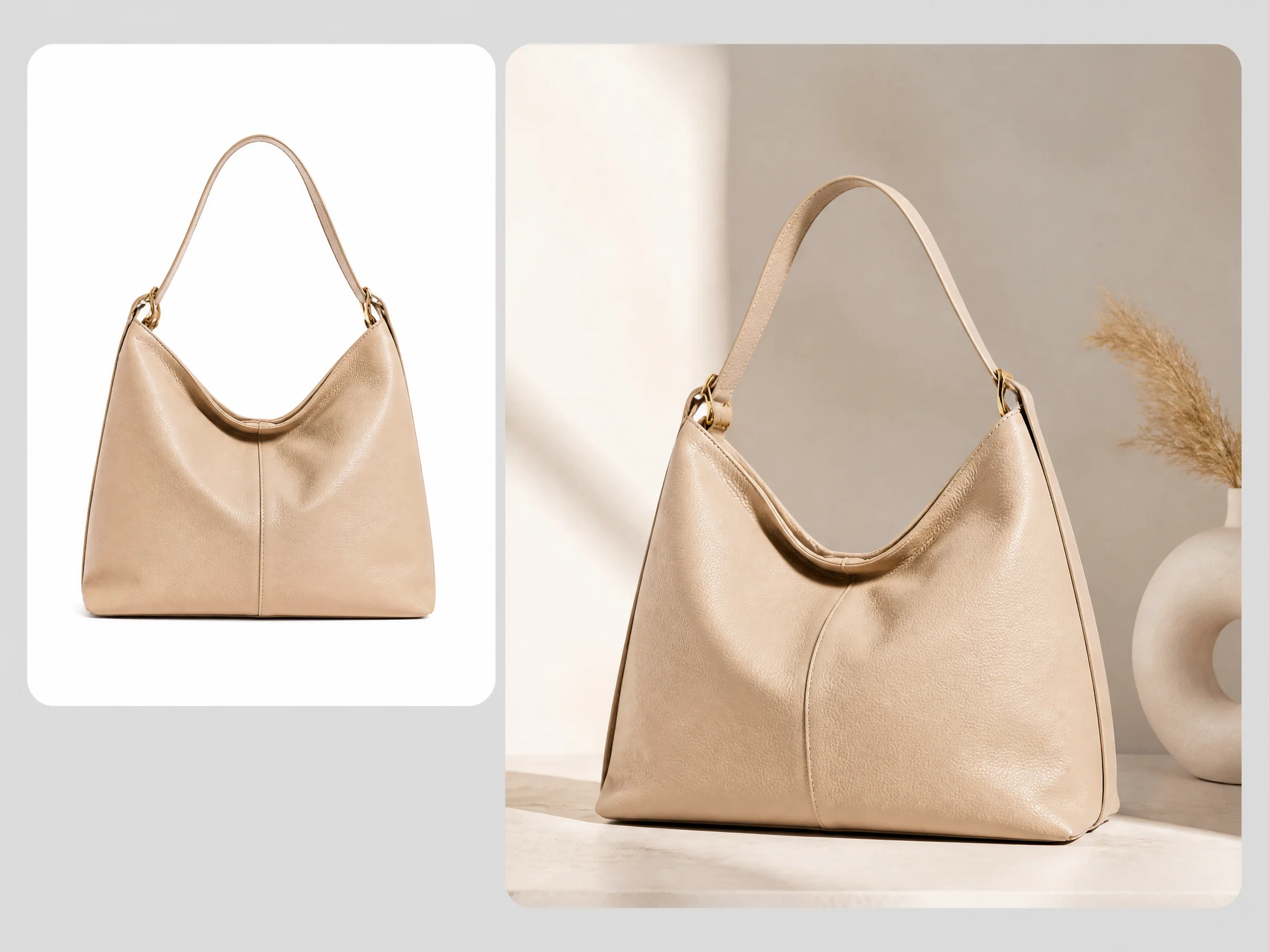 Editorial-style Shopify product image illustration with a smaller handbag packshot in the upper left and a larger Shopify-ready result on the right.
