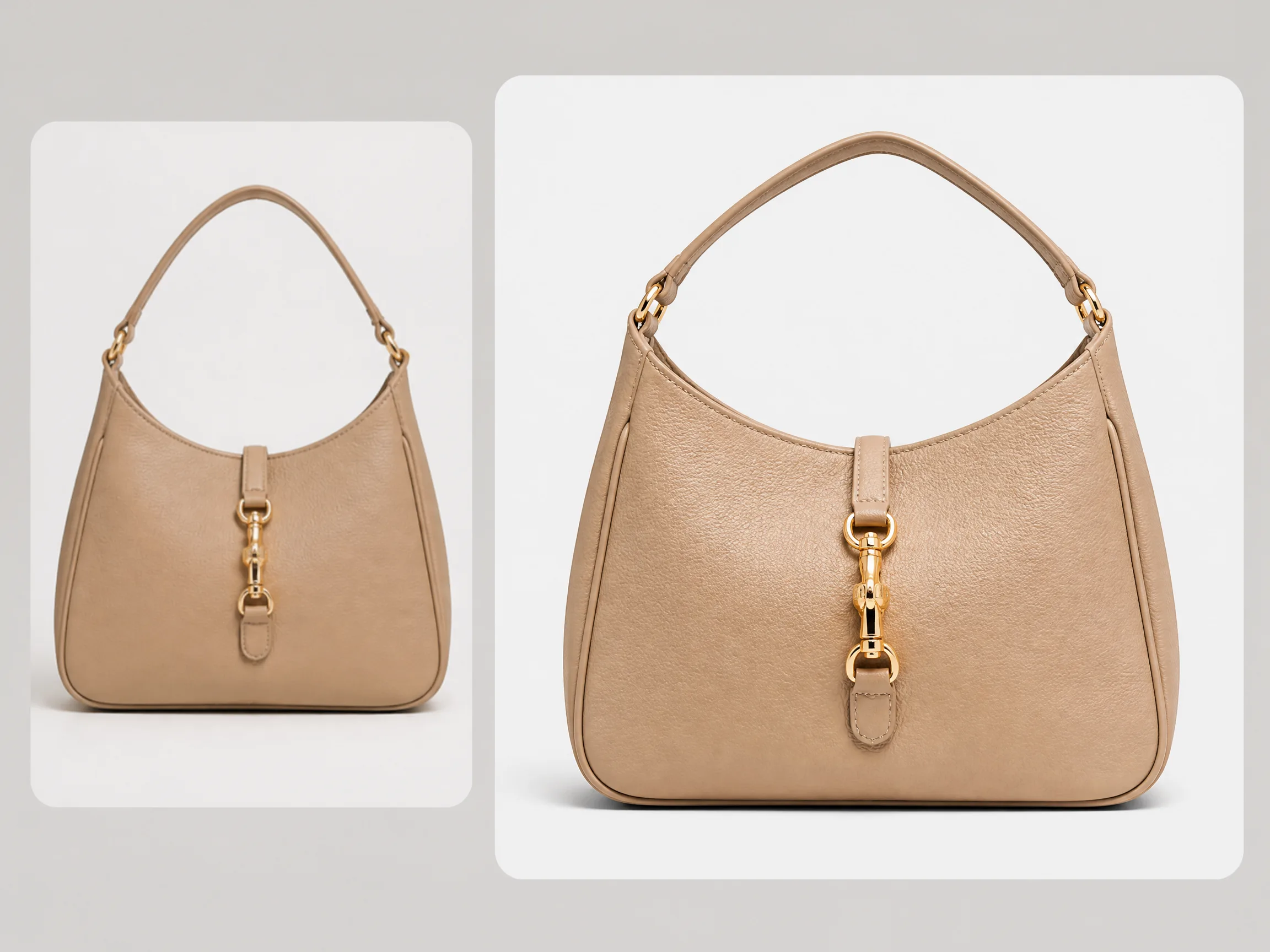 Editorial-style Shopify product photo enhancement illustration with a smaller soft handbag image in the upper left and a larger sharper version on the right.