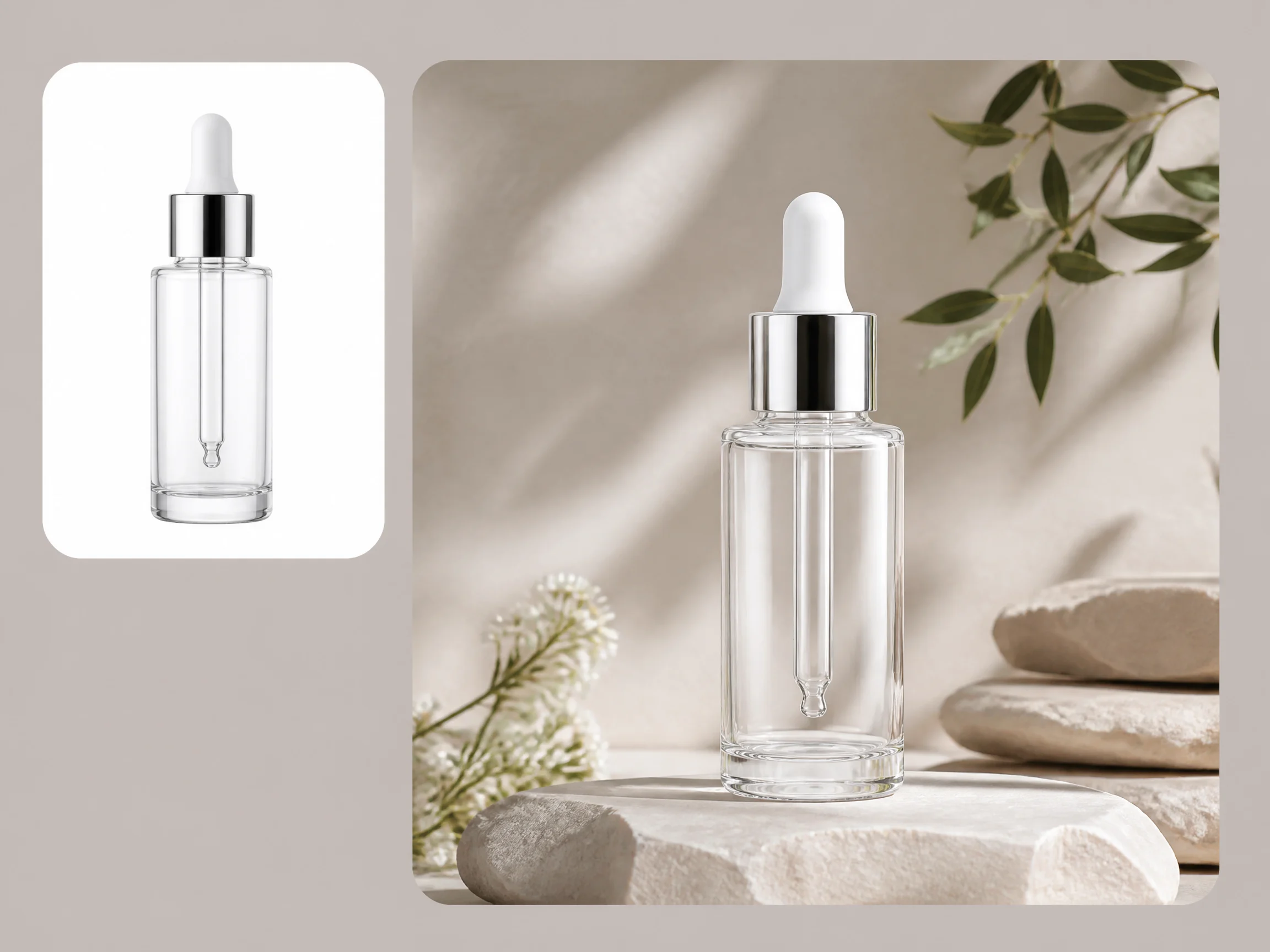Editorial-style skincare background generator illustration with a smaller serum bottle source image in the upper left and a larger generated skincare background scene on the right.