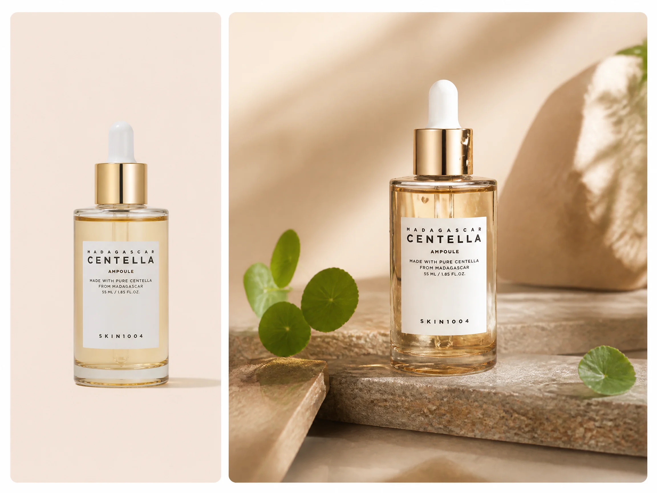 Editorial-style skincare serum photography illustration with a smaller serum bottle packshot in the upper left and a larger premium serum scene on the right.