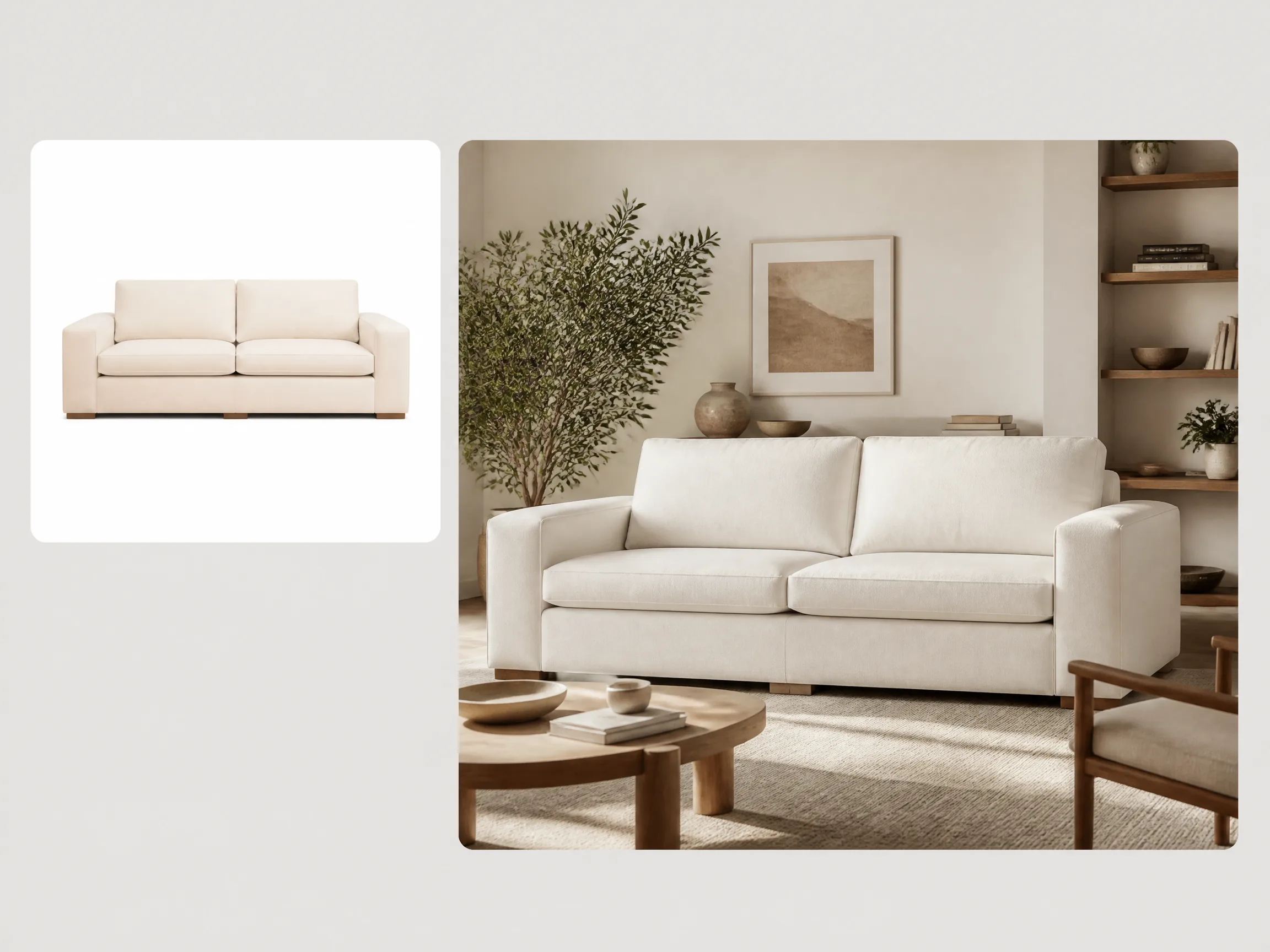 Editorial-style sofa in living room illustration with a smaller sofa product image in the upper left and a larger styled living room scene on the right.