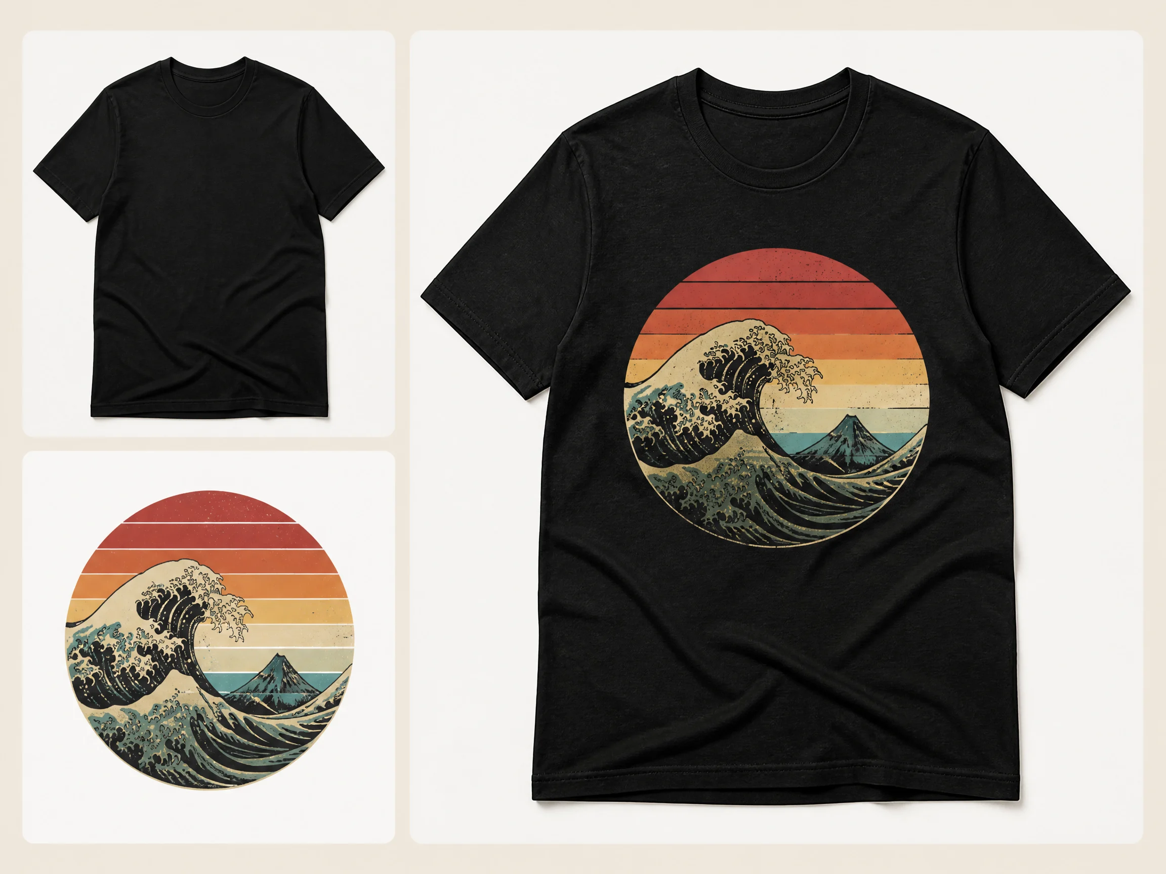 Editorial-style T-shirt mockup illustration with two smaller source cards stacked on the left, a blank black T-shirt above and a print artwork reference below, and a larger finished printed shirt mockup on the right.