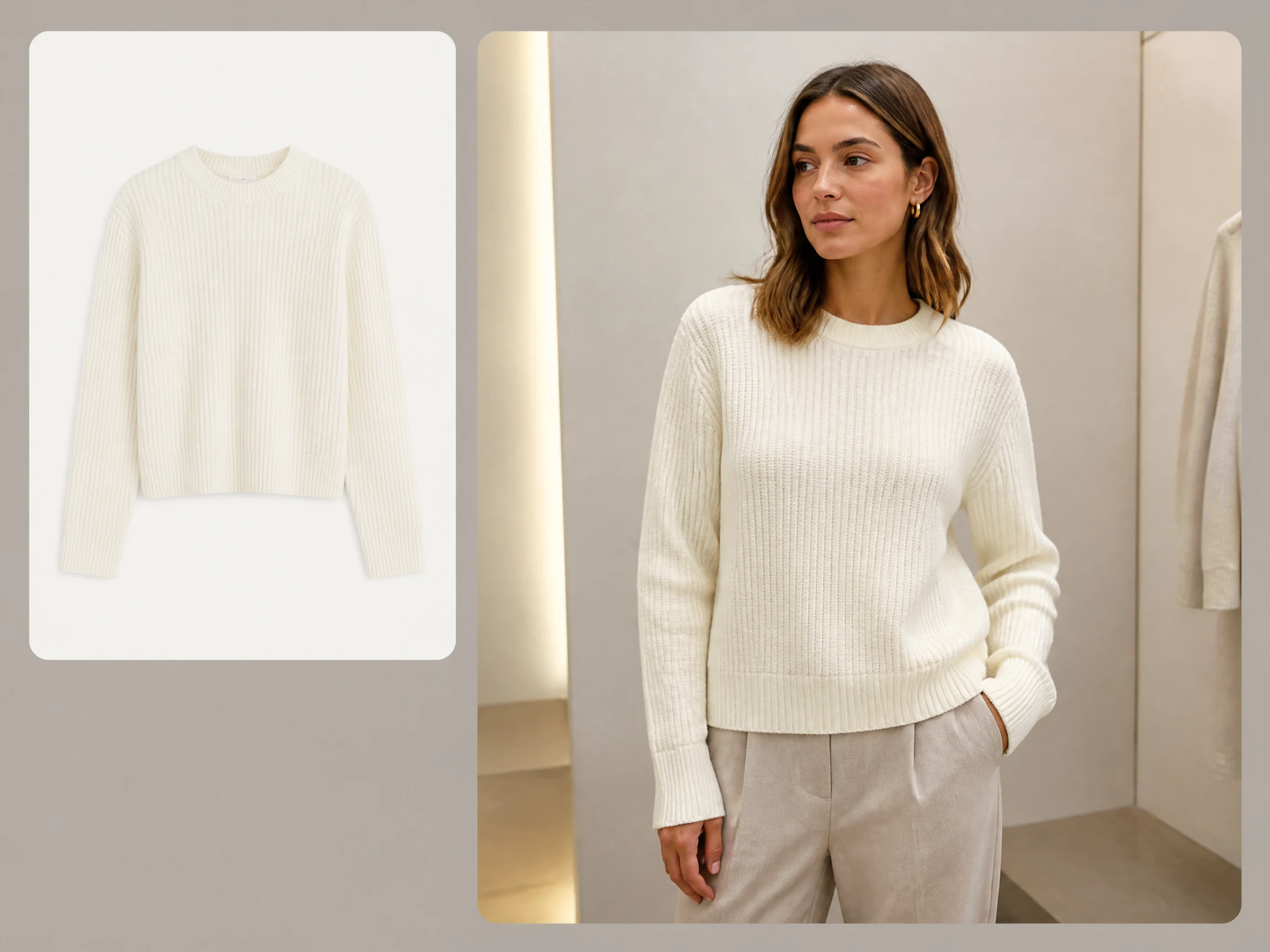 Editorial-style virtual fitting room illustration with a smaller sweater source image in the upper left and a larger AI try-on preview on the right.
