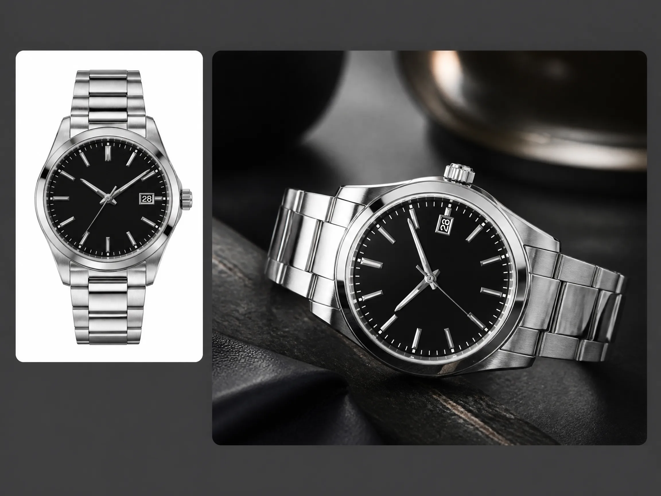 Editorial-style watch product photography illustration with a smaller stainless watch source image in the upper left and a larger premium watch scene on the right.