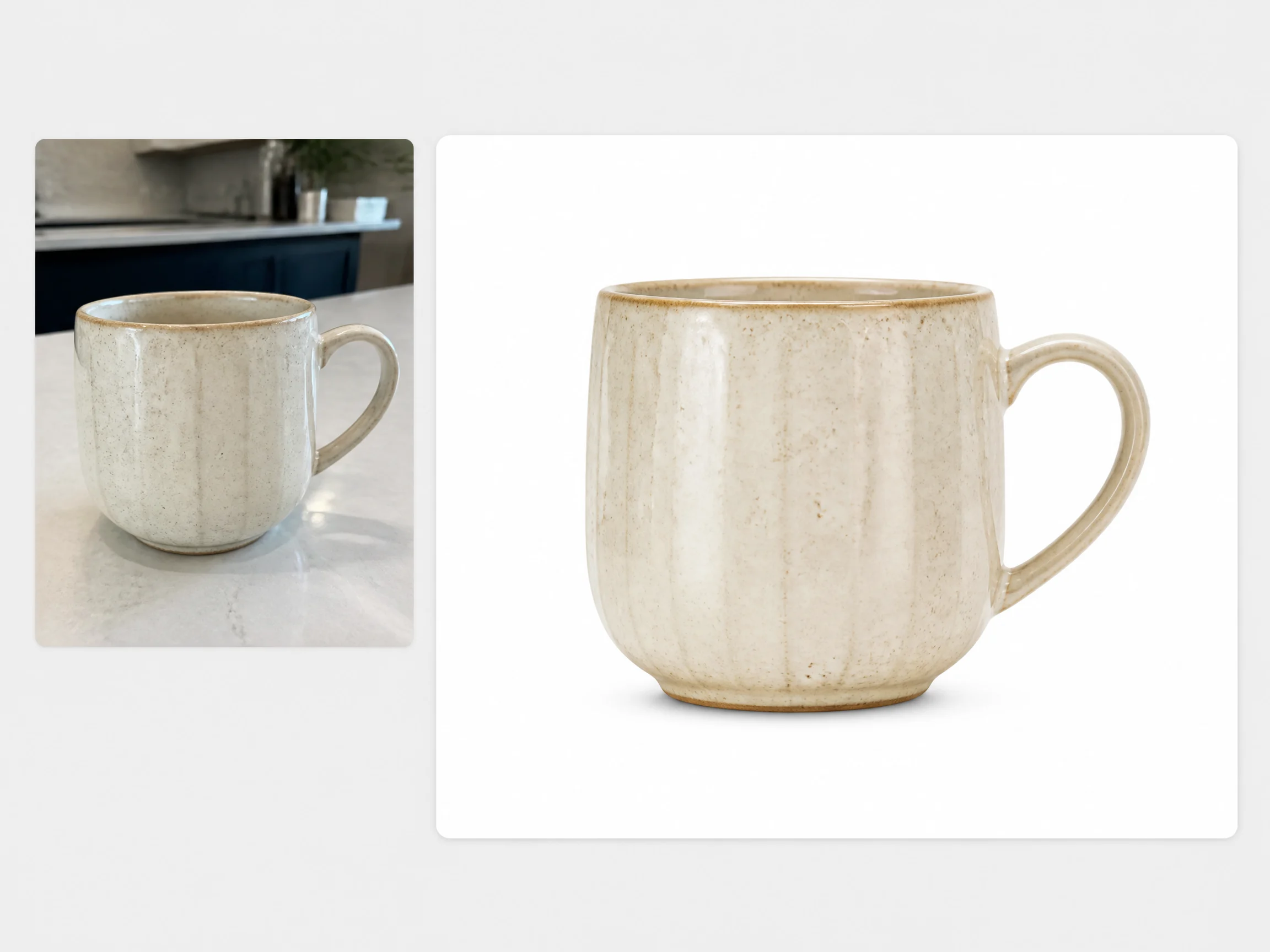 Editorial-style white background product photo illustration with a smaller original mug photo in the upper left and a larger white-background listing result on the right.