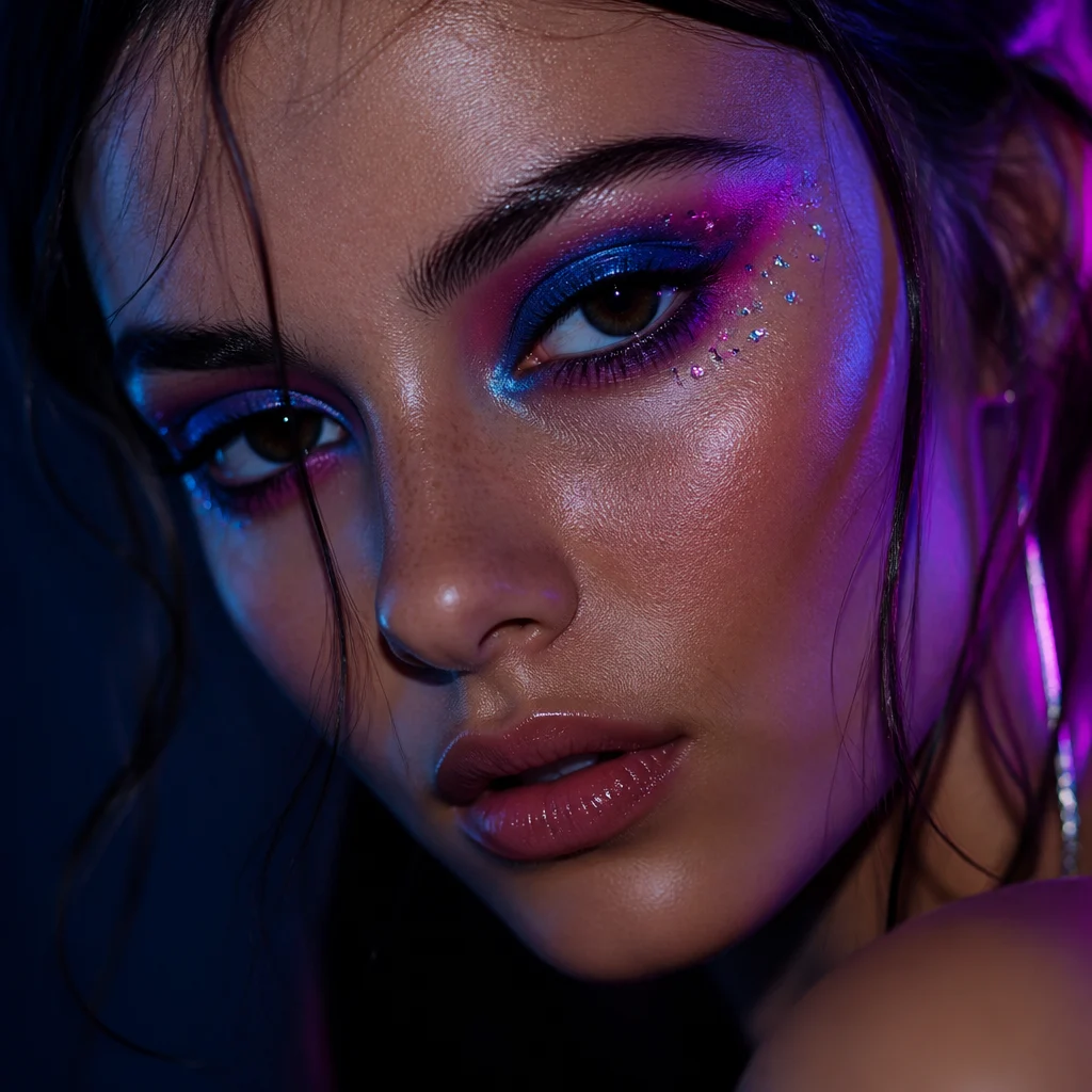An Euphoria-inspired close-up beauty portrait with electric blue and magenta eyeshadow, tiny rhinestones around the outer eye, glossy skin, soft blush, moody neon edge light, direct eye contact, and high-end editorial makeup photography