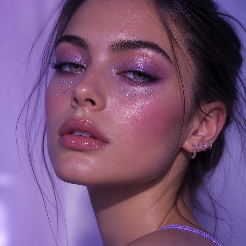 A dreamy Euphoria-inspired makeup portrait with lavender shimmer eyeshadow, subtle crystal tear accents, dewy skin, soft lilac glow, feathered lashes, relaxed expression, clean studio framing, and polished beauty-editorial clarity