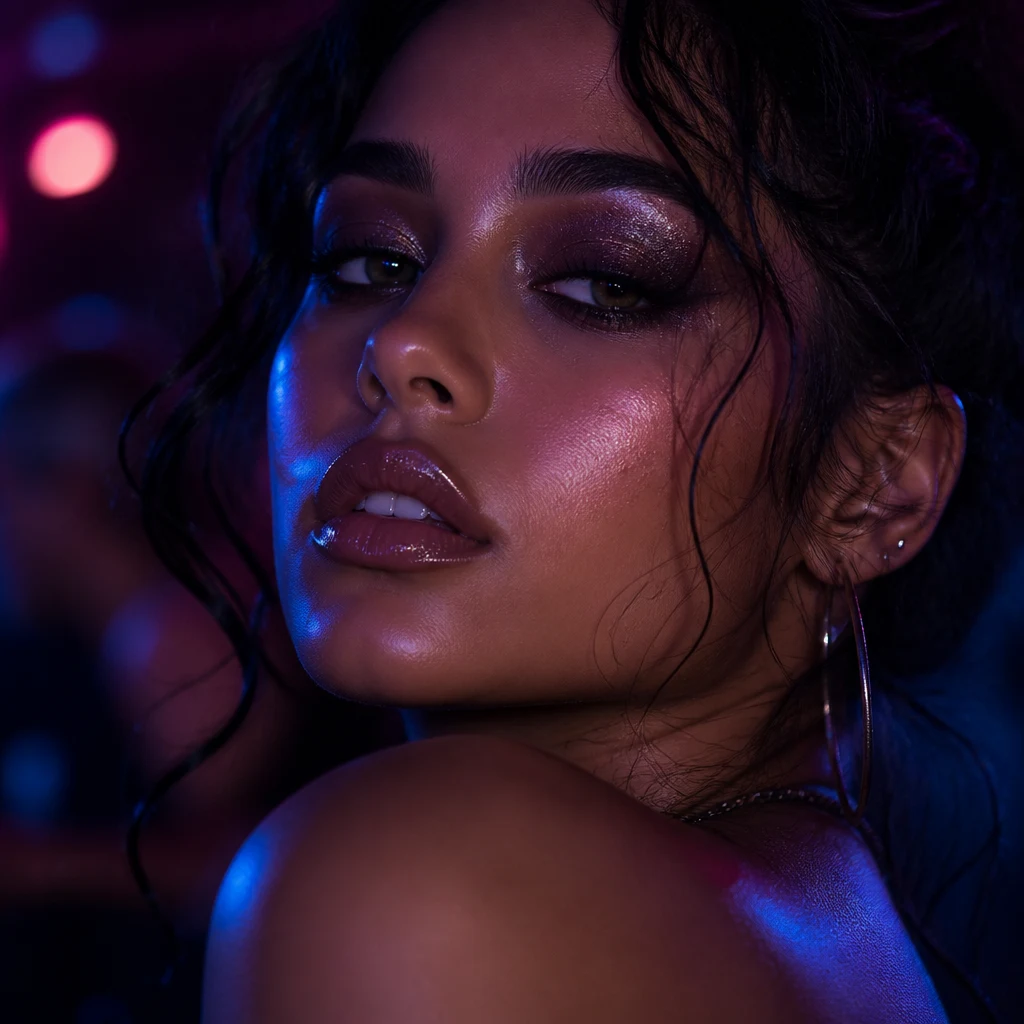 An after-dark Euphoria-inspired beauty portrait with smoked plum eyeshadow, fine silver glitter, glossy lips, luminous skin texture, dark background, pink and cobalt club lighting, confident expression, and cinematic editorial portrait detail