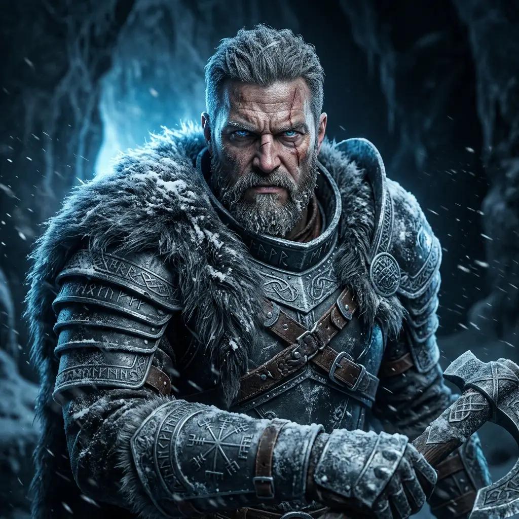 A God of War-inspired avatar close-up with full frost-touched armor, fur collar, stern warrior expression, icy blue backlight, subtle facial scars, drifting snow particles, clean dark background, and cinematic fantasy portrait realism