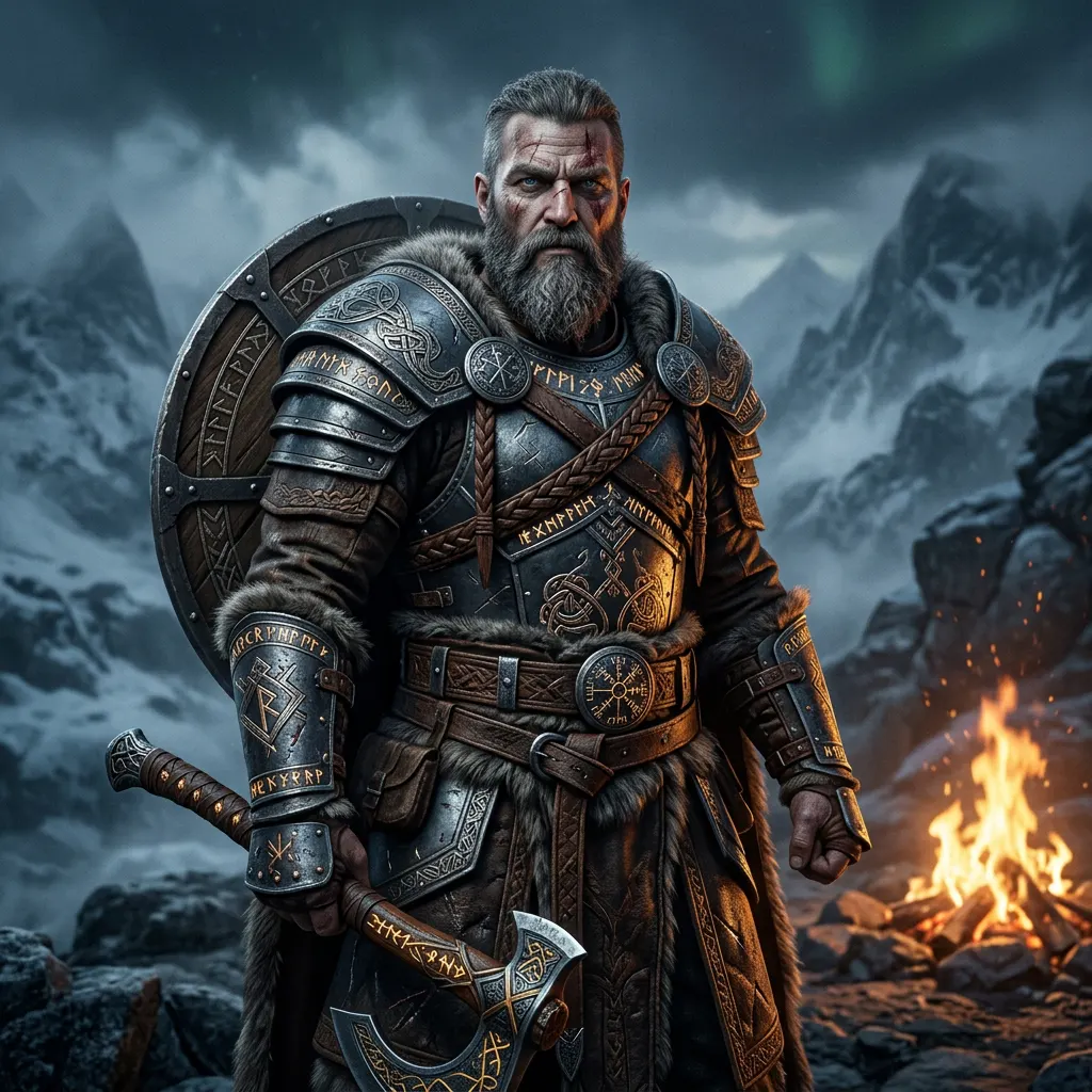A polished God of War-inspired hero portrait with engraved runic armor, layered leather and metal battle gear, warm firelight against cold mist, confident expression, cinematic beard detail, mythic Nordic atmosphere, and premium fantasy key art styling