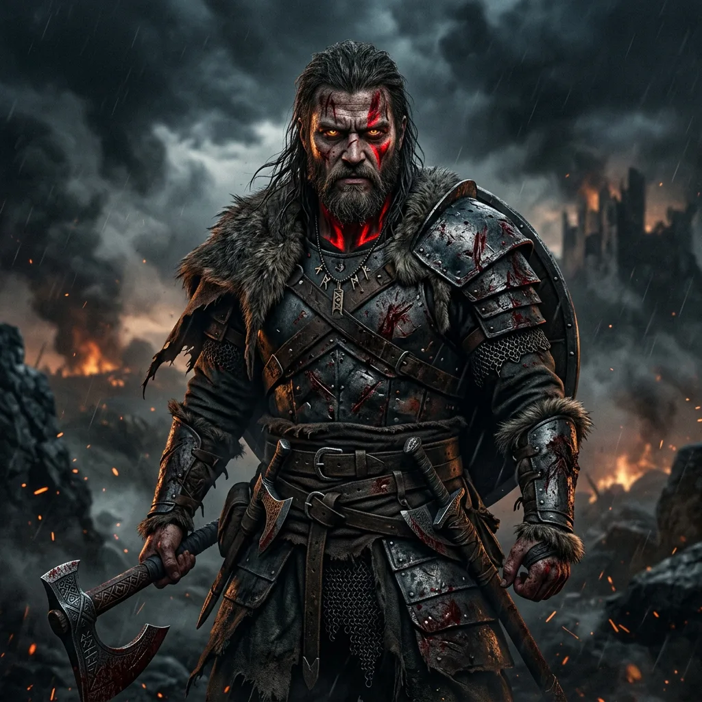 A dark God of War-inspired character portrait with battle-damaged armor, layered warrior clothing, deep shadows, red war paint accents, stormy smoke, intense eye contact, moody side lighting, and gritty mythic action-game poster realism