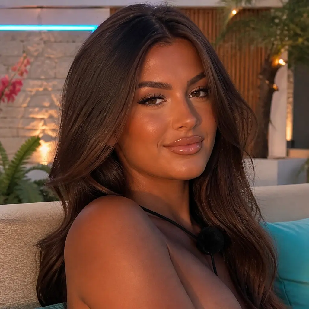 A Love Island-inspired beauty portrait with bronzed skin, soft golden contour, fluffy lashes, nude glossy lips, warm sunset villa lighting, smooth blowout hair, relaxed confident expression, and polished summer editorial photography