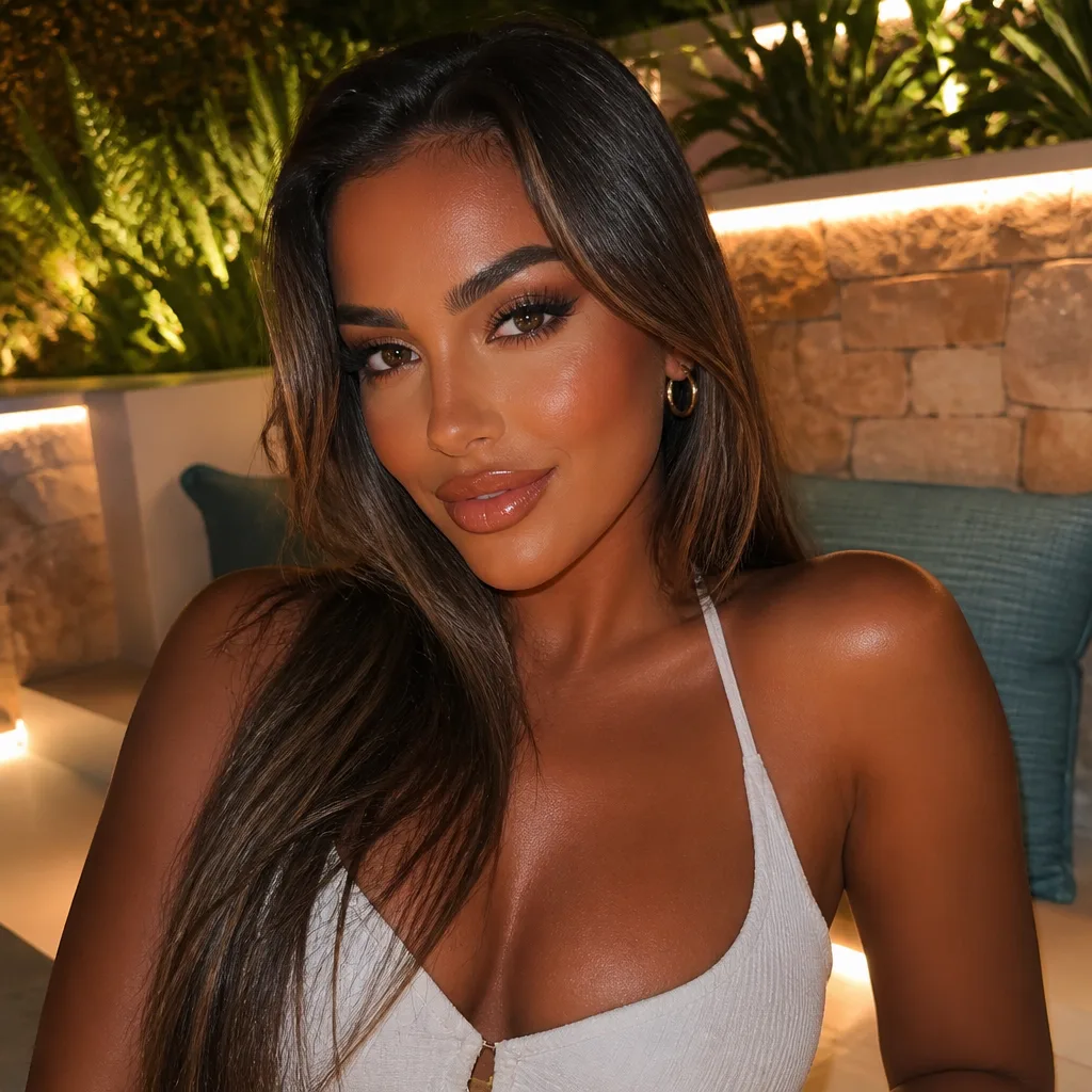 A date-night Love Island-inspired glam portrait with deeper bronzer, softly smoked brown liner, glossy caramel lips, radiant skin, subtle body glow, warm evening terrace light, sleek hair, and crisp beauty-portrait detail