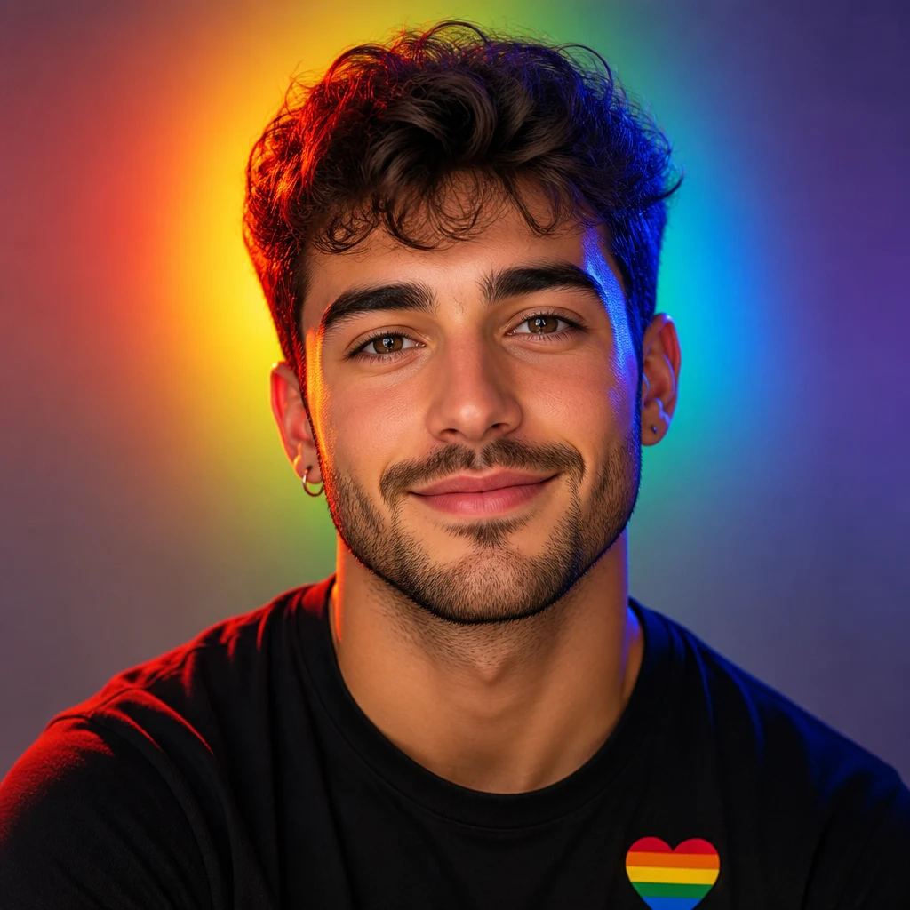 A clean Pride Month avatar portrait with vivid rainbow rim lighting, soft studio background blur, direct eye contact, smooth skin detail, centered composition, modern styling, and crisp profile-photo clarity