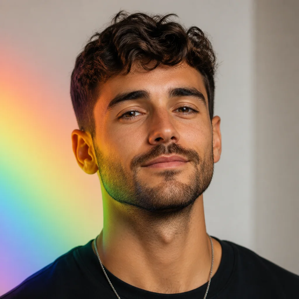 A minimal Pride Month profile portrait with soft rainbow gradient light, clean neutral background, relaxed confident expression, centered face framing, polished skin detail, and a refined creator-avatar finish