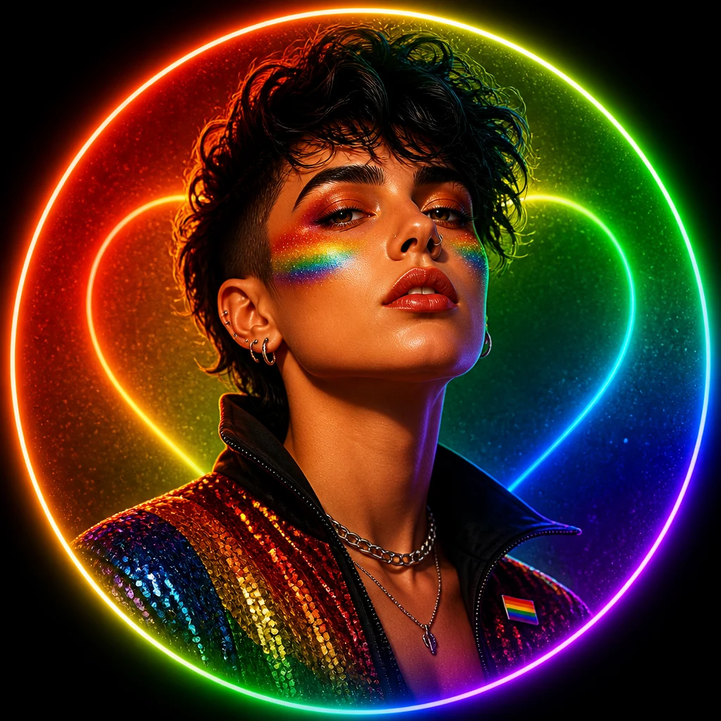 A bold Pride Month avatar with rainbow neon glow, subtle glitter detail, deep contrast, confident expression, clean centered portrait framing, vibrant editorial color, and a premium social-icon finish