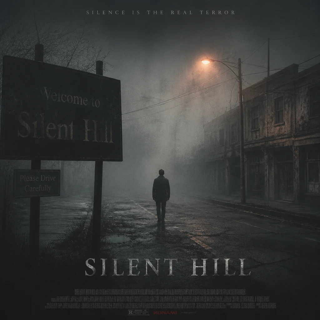 A Silent Hill-inspired horror poster with dense fog, empty street, dim orange streetlight, a fully clothed lone figure silhouette, cracked road, peeling walls, muted gray palette, and cinematic psychological horror atmosphere