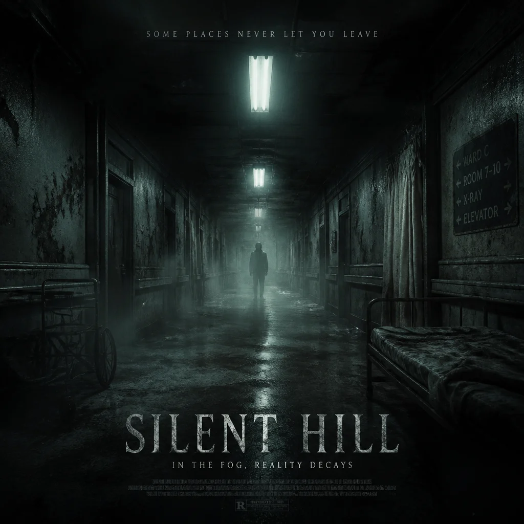 A psychological horror poster inspired by Silent Hill with an abandoned hospital corridor, pale fluorescent glow, drifting fog, rusted metal details, an ominous fully clothed shadow at the end of the hall, and premium eerie cinematic poster realism