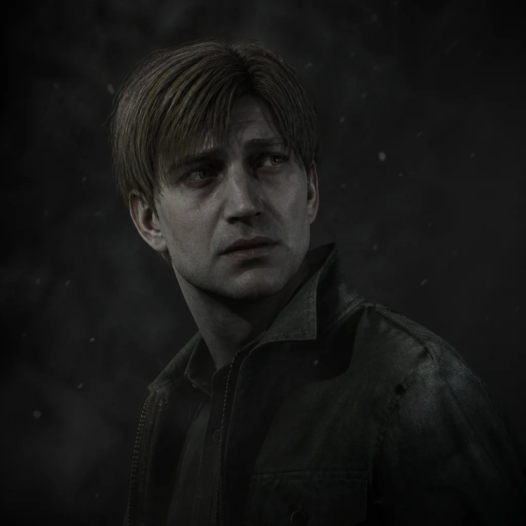 A Silent Hill-inspired horror portrait with pale skin, anxious expression, a worn high-collar coat, drifting ash, gray fog, harsh side light, dark empty backdrop, subtle texture grain, and polished atmospheric horror game art realism