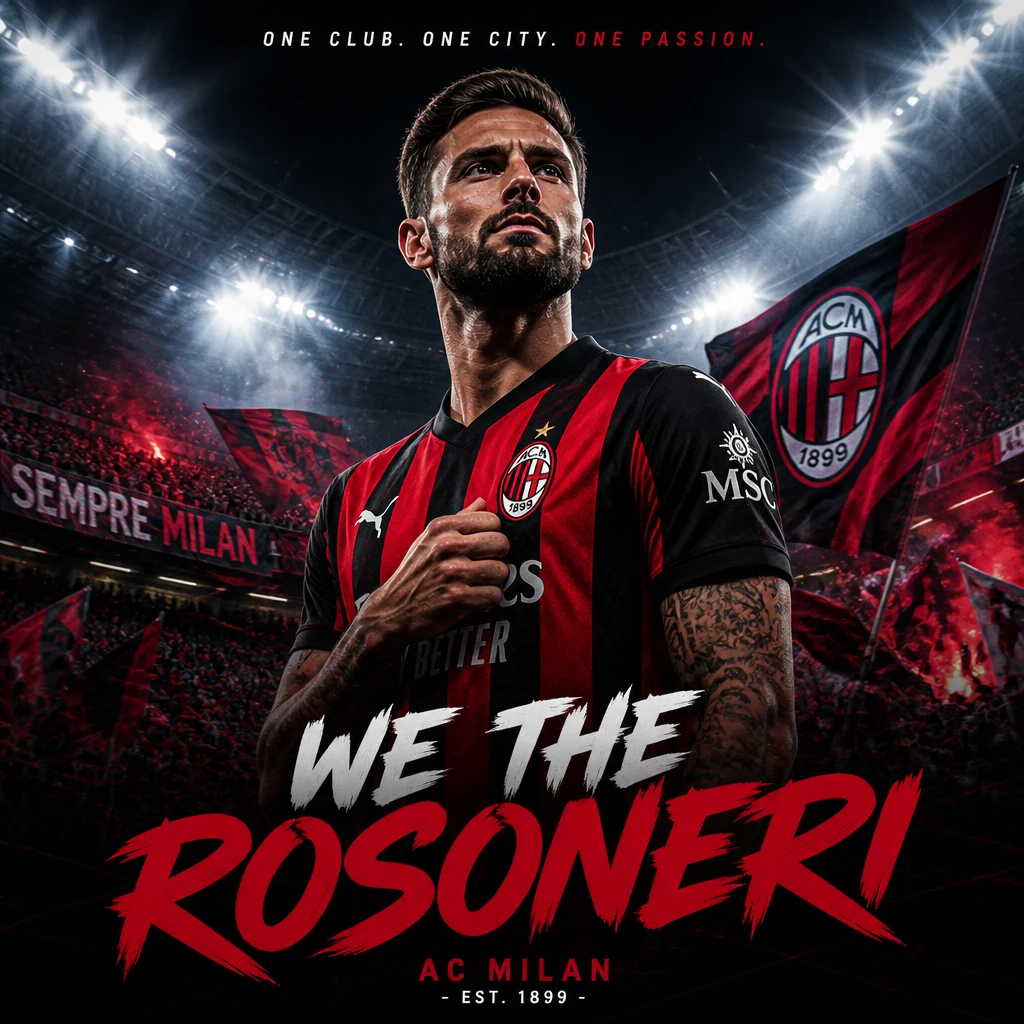 A soccer fan poster with night-match stadium floodlights, bold team-color accents, confident central subject, soft crowd blur, strong headline space, cinematic contrast, and polished sports-campaign poster realism