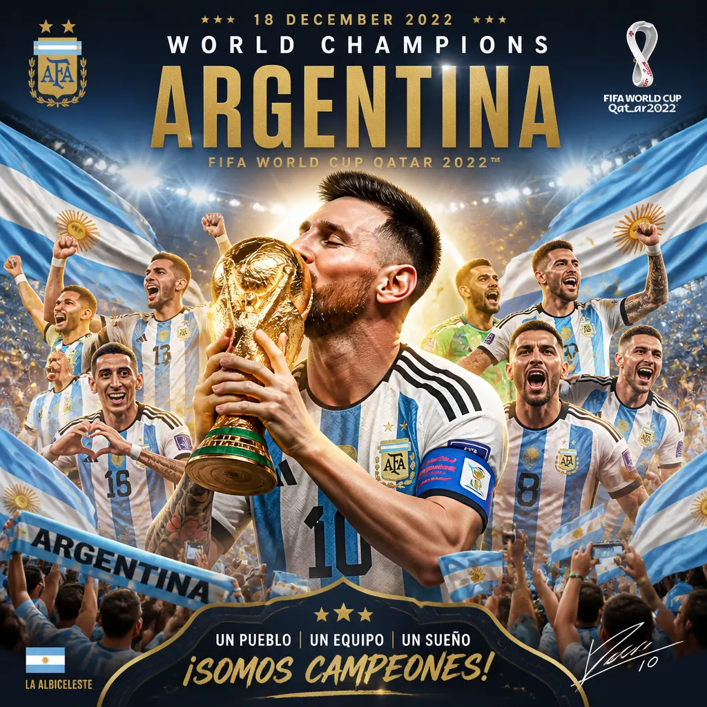 A celebratory soccer poster with bright stadium glow, waving flags in team colors, joyful crowd energy, clean central portrait focus, premium layout balance, and polished World Cup celebration poster detail