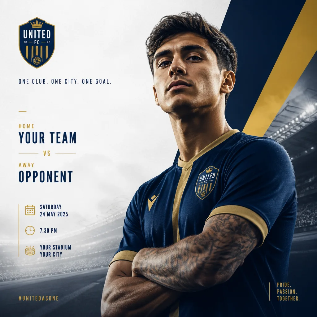 A clean soccer campaign poster with controlled team-color palette, centered sports portrait, subtle stadium atmosphere, generous typography-ready negative space, sharp contrast, and premium modern match-poster clarity