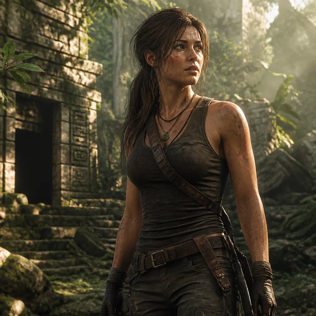 A Tomb Raider-inspired explorer portrait with dusty jungle ruins, weathered leather field gear, practical expedition outfit, determined expression, sunbeams through leaves, subtle dirt texture, and cinematic action-adventure realism