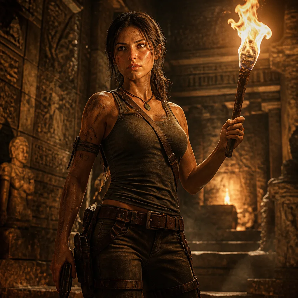 A cinematic adventure portrait inspired by Tomb Raider with ancient temple stonework, warm torch glow, practical explorer outfit, confident stance, floating dust, dramatic shadows, and premium treasure-hunt poster detail